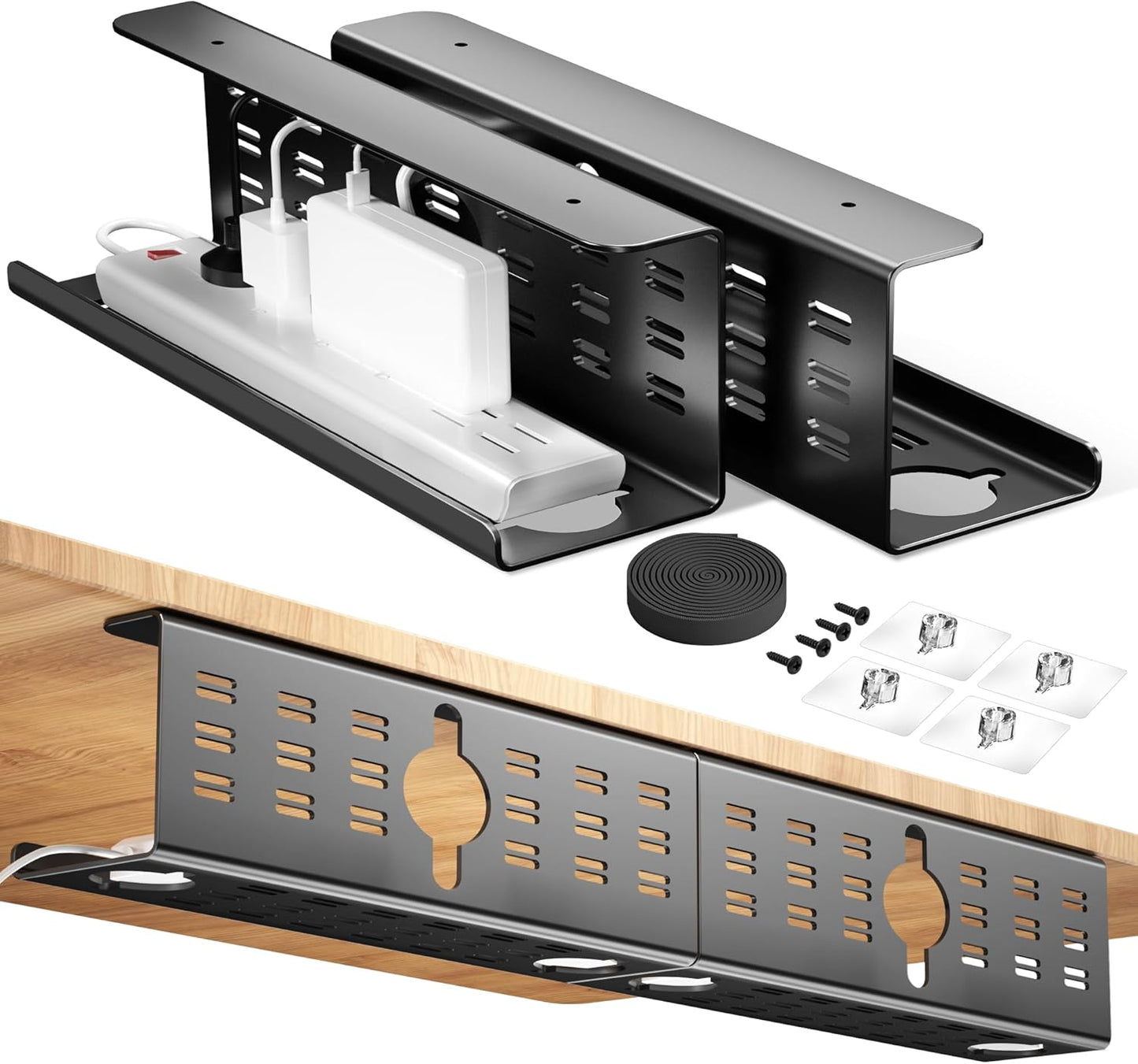 Cinati 2 Pack 32" Cable Management Under Desk Black, Large Cable Management Tray, Under Desk Alloy Steel Wire