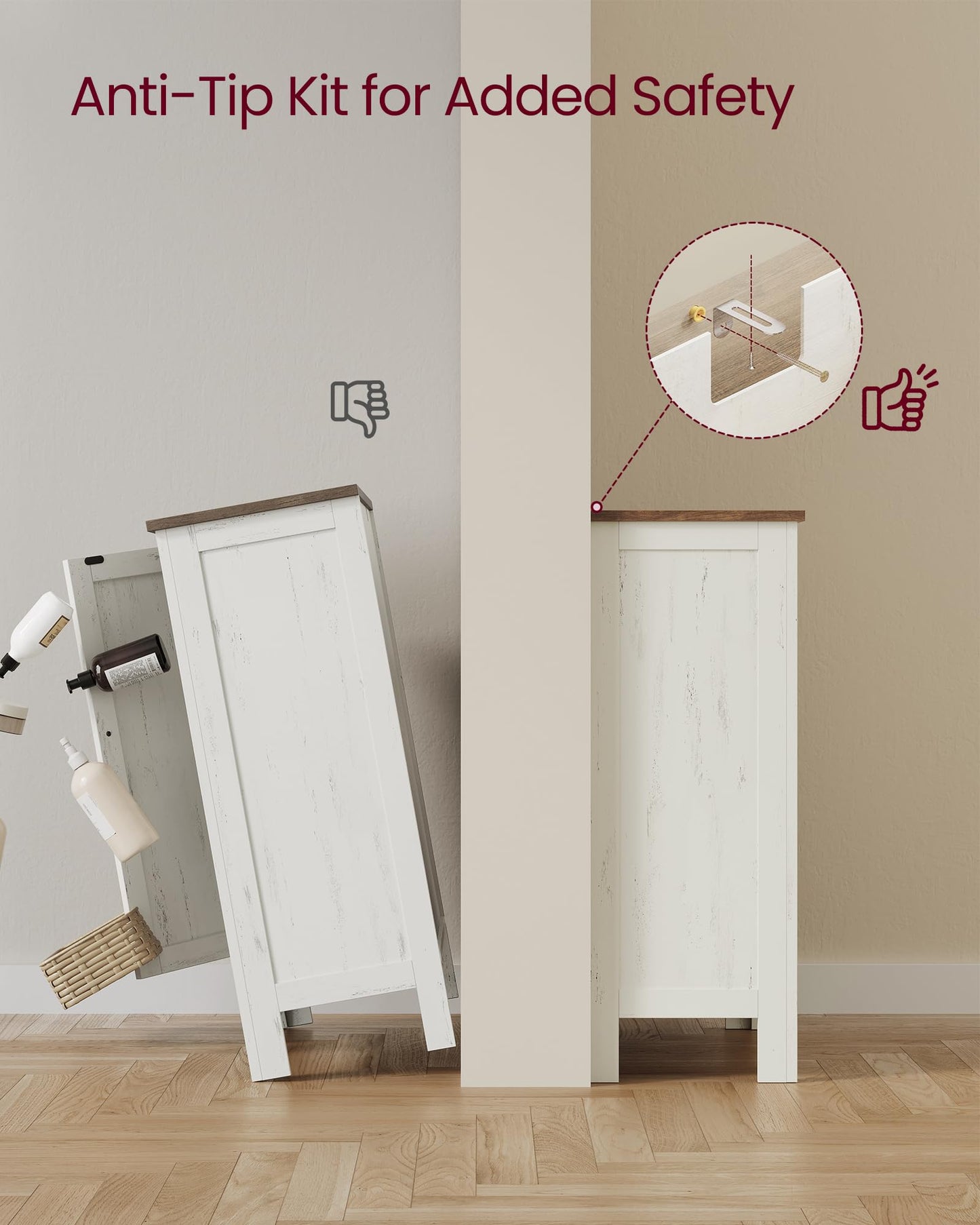 VASAGLE LIRY Collection - Storage Cabinet, Farmhouse Bathroom Floor Cabinet with 4 Drawers, Freestanding Storage Organizer, Barn Door, Adjustable Shelf, Rustic White, UBBK753W01