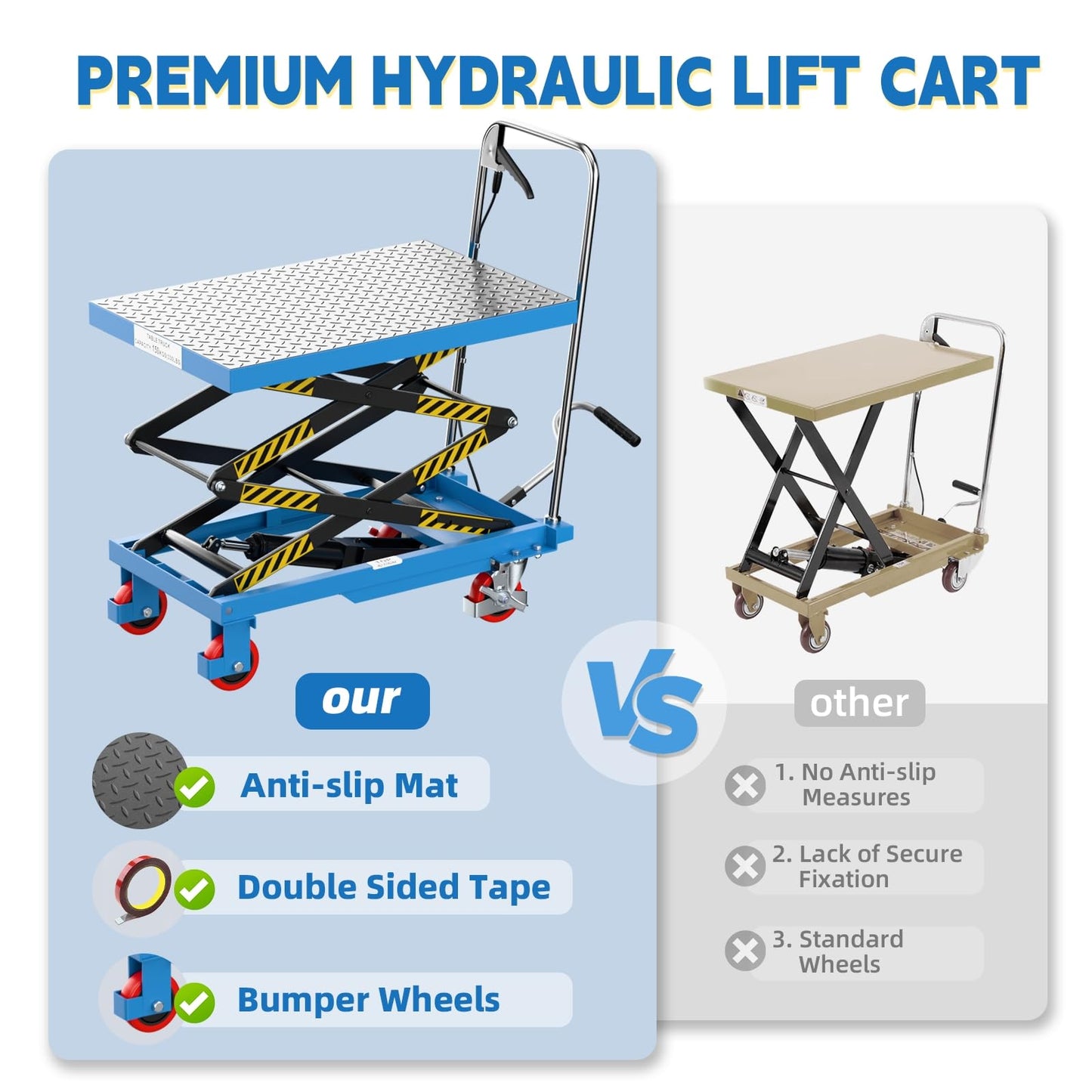 Hydraulic Lift Table Cart, Double Scissor Lift, 330 Lbs Capacity, 50" Height with Non-Slip Pad, 4 Safety Bumper PU Wheels, Ideal for Home, Garage, Supermarket, Factory, Warehouse, Construction