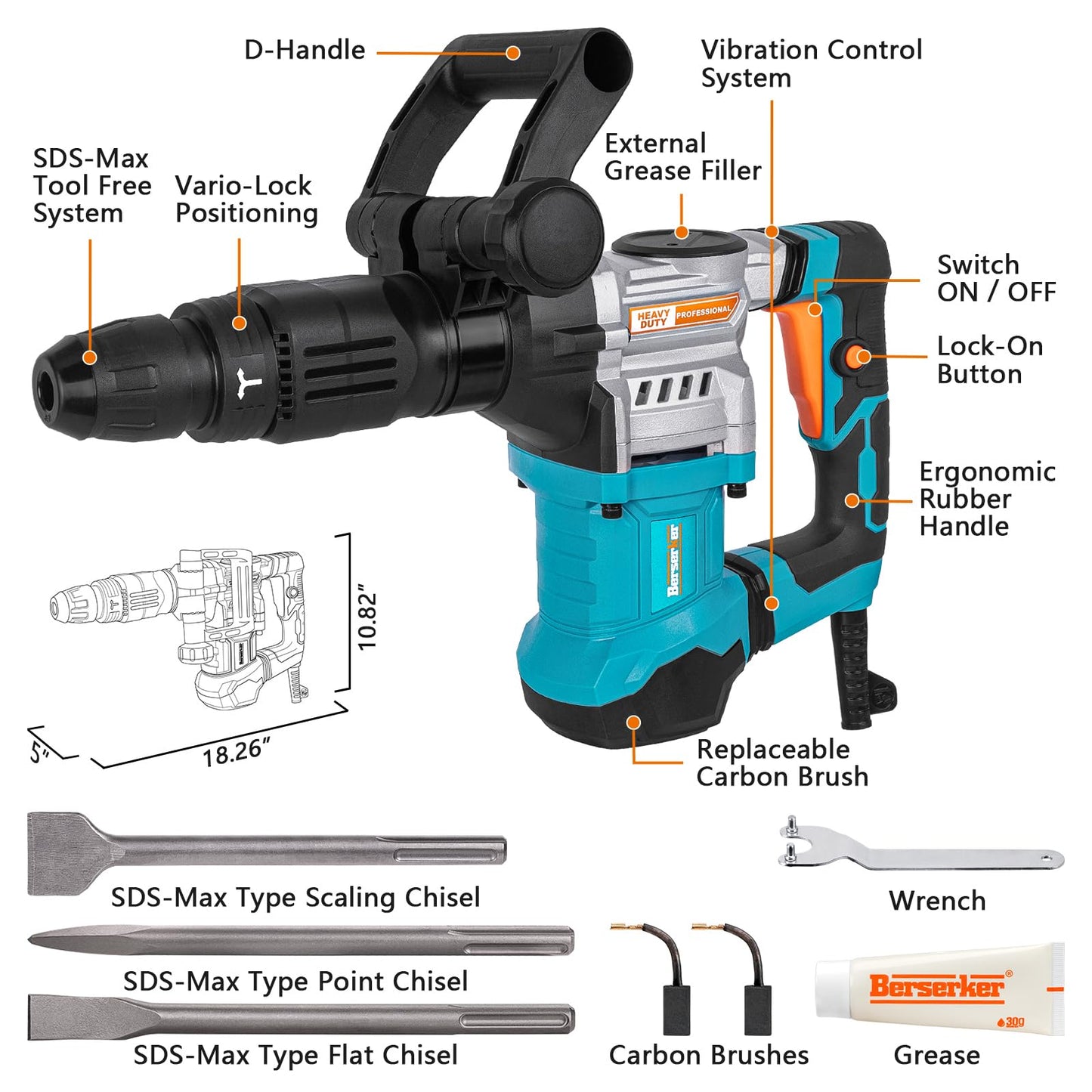 Berserker 16-Pound SDS-Max Demolition Jack Hammer with 6 x 15 In. SDS Max Wide Scaling Chisel