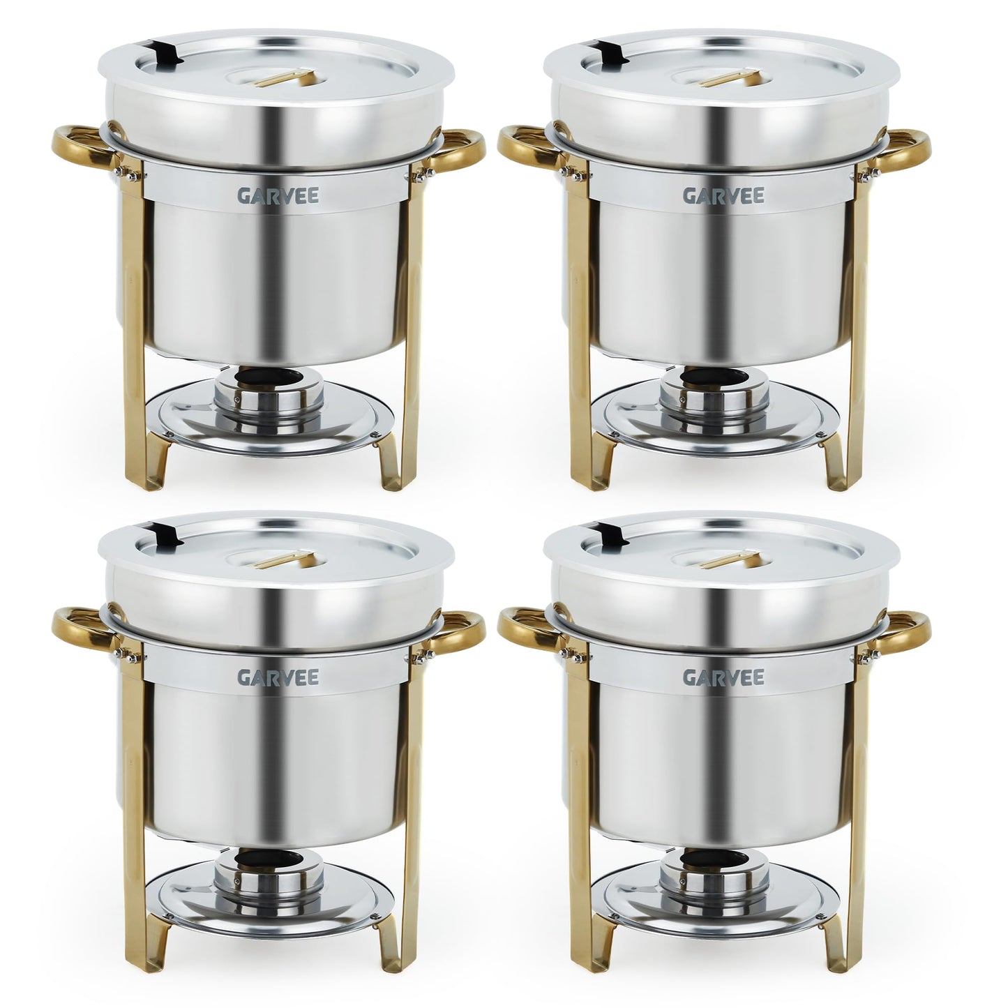 GarveeHome 7QT Round Soup Chafer Sets of 4, Commercial Soup Warmer with Pot, Notched Lids & Fuel Holders, Stainless Steel Food Warmer for Buffets Parties Wedding Banquets Catering, Gold