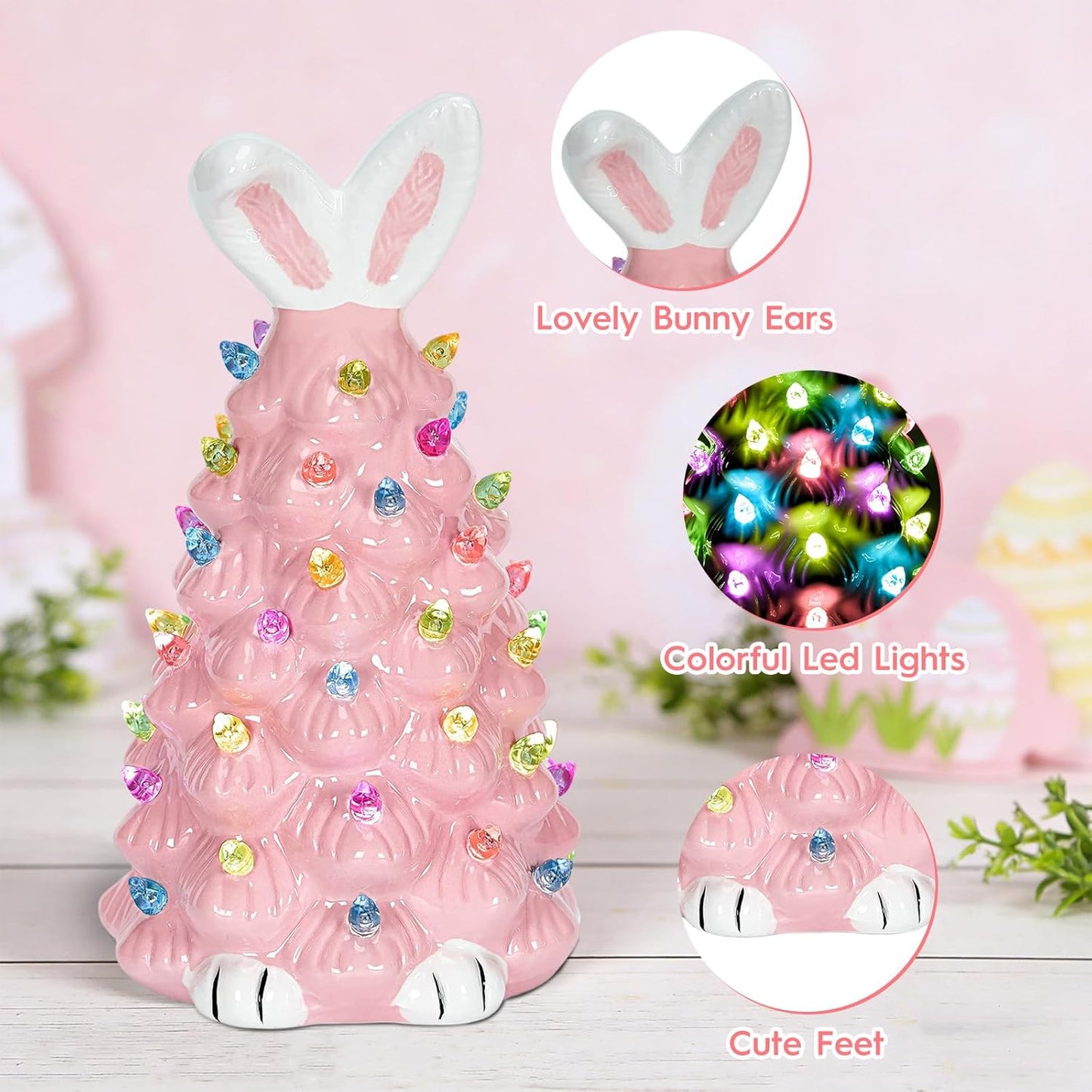 Skiennix Cute Ceramic Easter Bunny Decor - Light-Up Spring Tabletop Decoration for Kids (Pink)