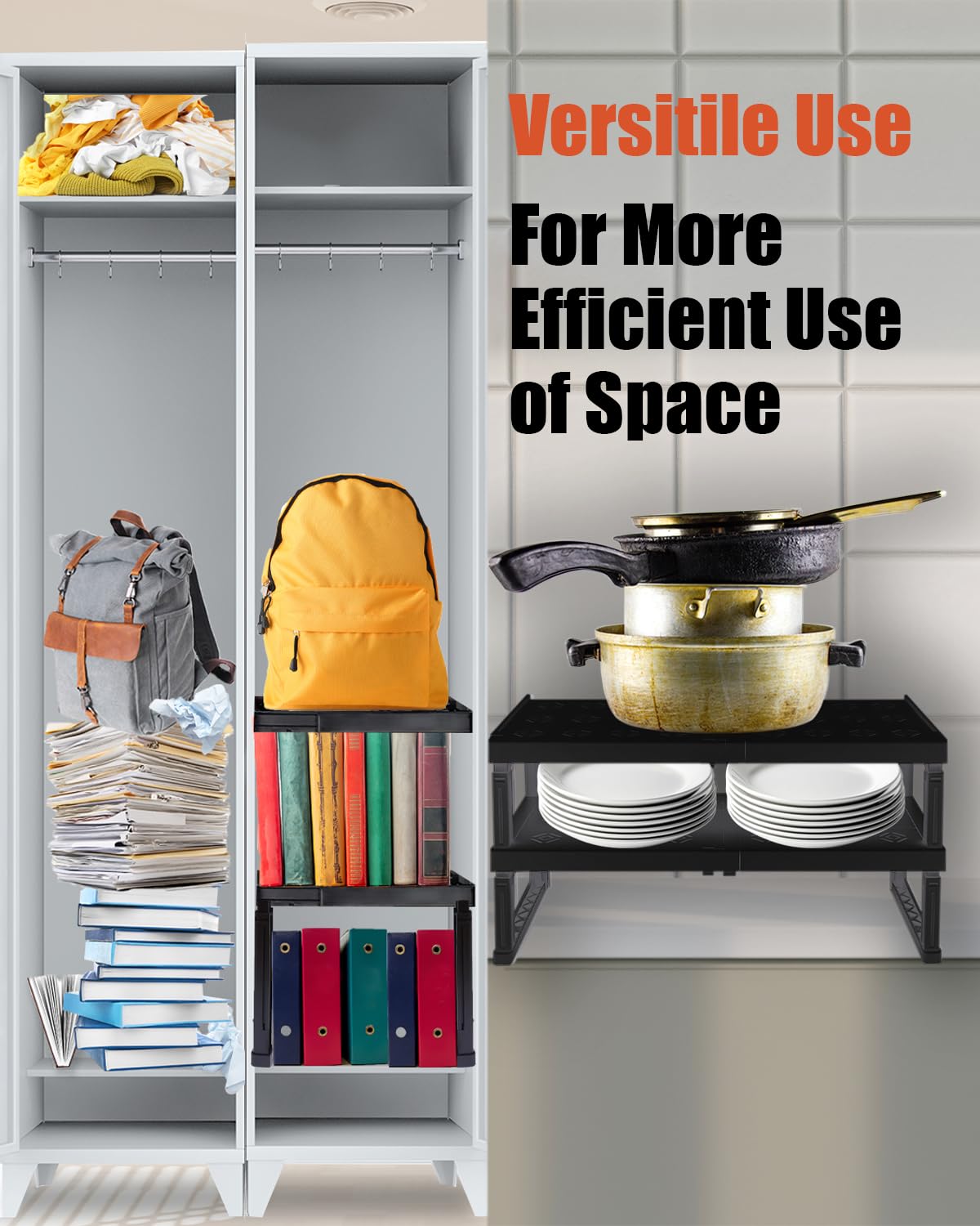 Piffny Adjustable Locker/Cabinet Organizer Shelf, 2 Pack, Adjustable Width and Height, Ideal for School, Office, and Gym Lockers (New Version) (Black)