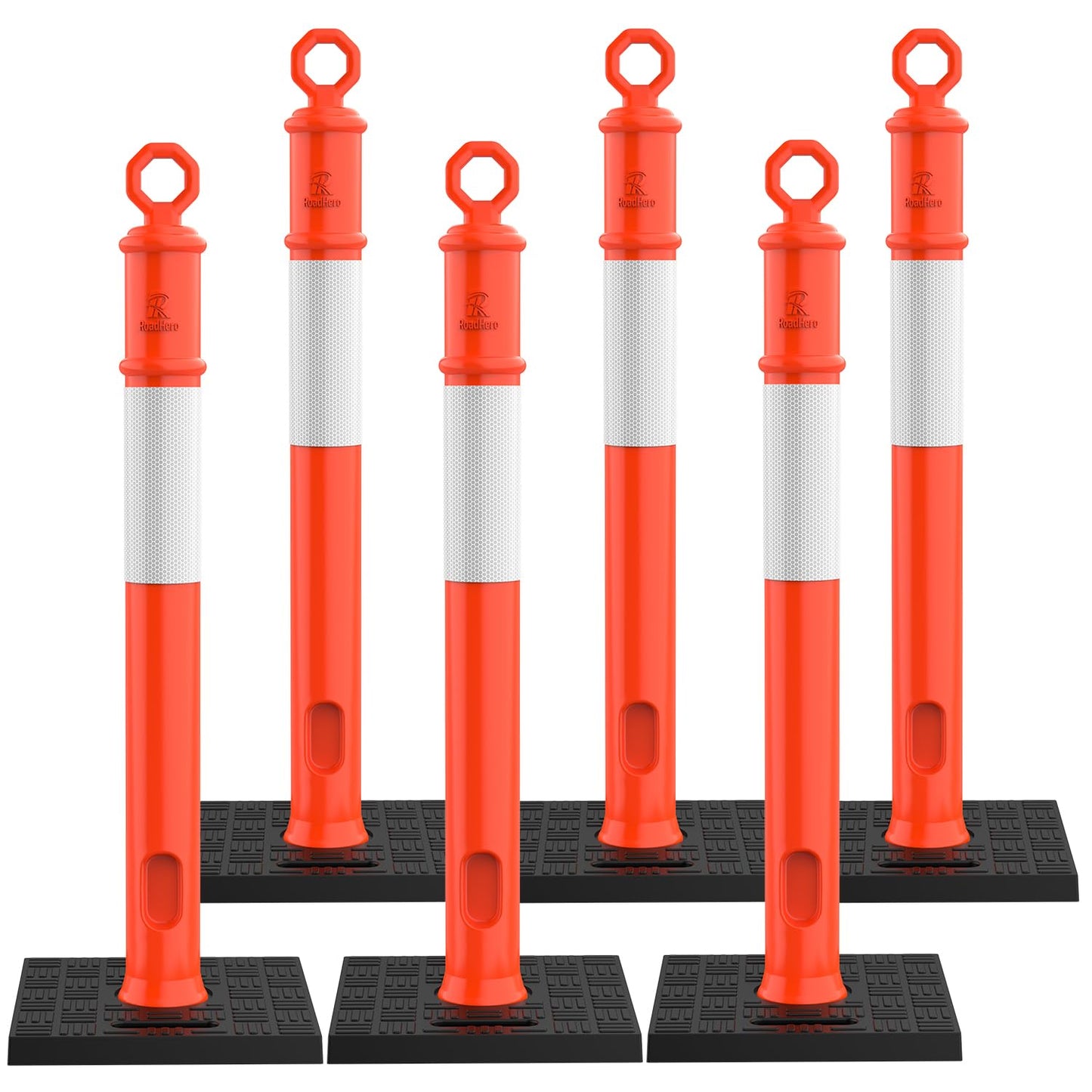 RoadHero 45 Inch Delineator Post with Base, Portable Orange Traffic Delineator Posts Cones with Reflective Collars for Parking Lots, Road Safety, Construction Events 6 Pack