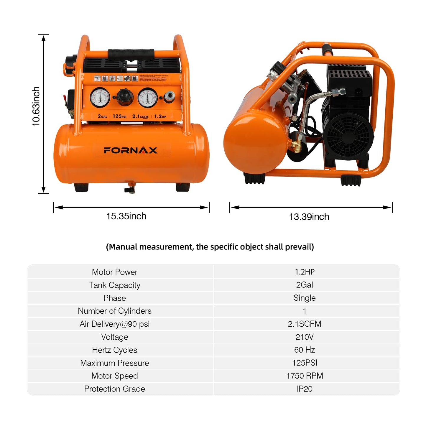 FORNAX Air Compressor Portable 2 Gallon, 1.2 HP 2.1 SCFM@ 90 PSI Oil Free, Max Pressure 135 PSI, 65 dB Silent Air Compressor for Auto Repair, Tire Inflation, Airbrushing, Nailing