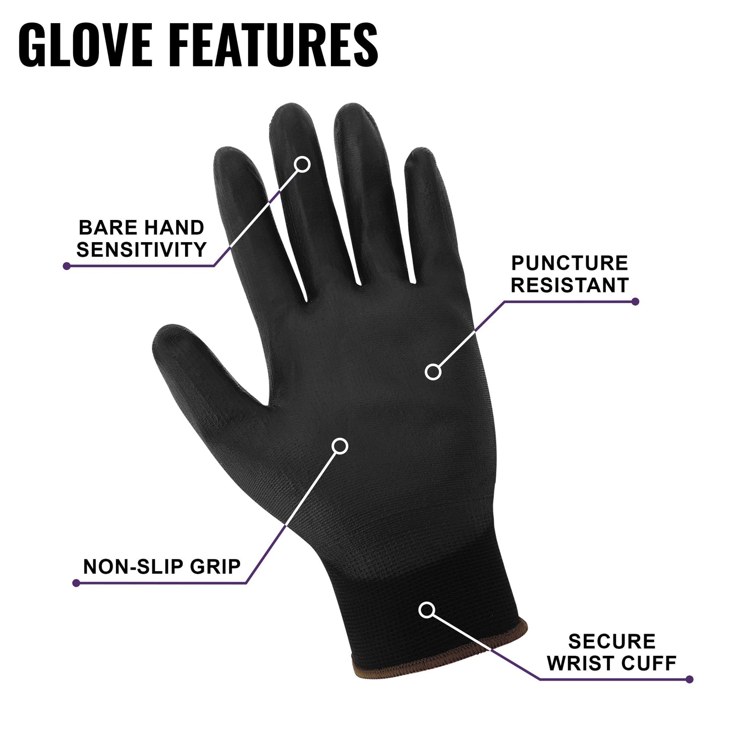 Global Glove PUG-17 Lightweight Polyurethane Dipped Work Gloves, Anti-Static/Electrostatic Compliant with Secure Grip, Bare Hand Sensitivity, Black, 12 Pairs, Extra-Large
