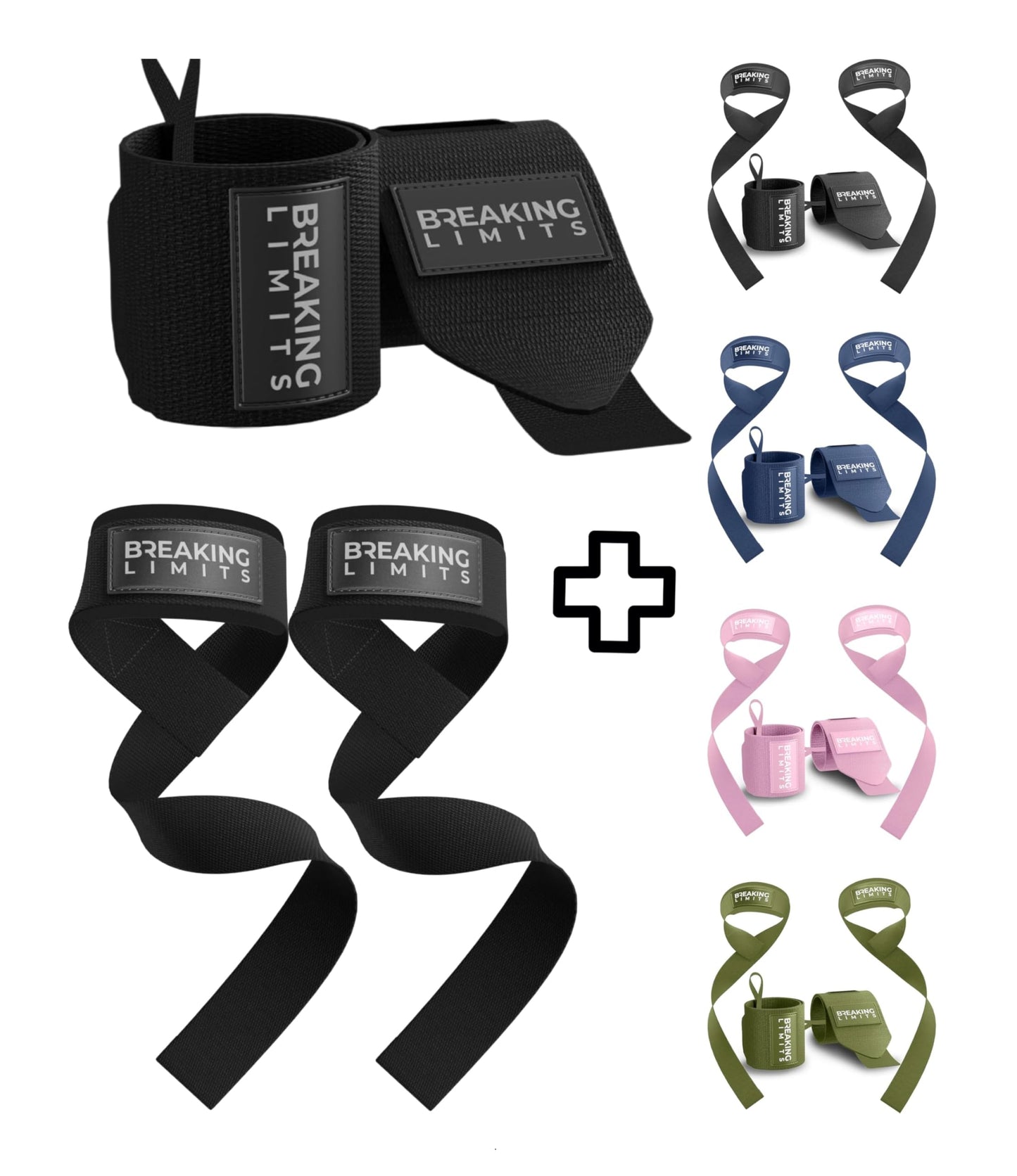 BREAKING LIMITS Set of Lifting Straps & Wrist Wraps - 2 Wrist Bandages, 2 Lifting Aids - Strength Training, Weight Lifting, Bodybuilding, Lift Training, Powerlifting, One Size | (Black)