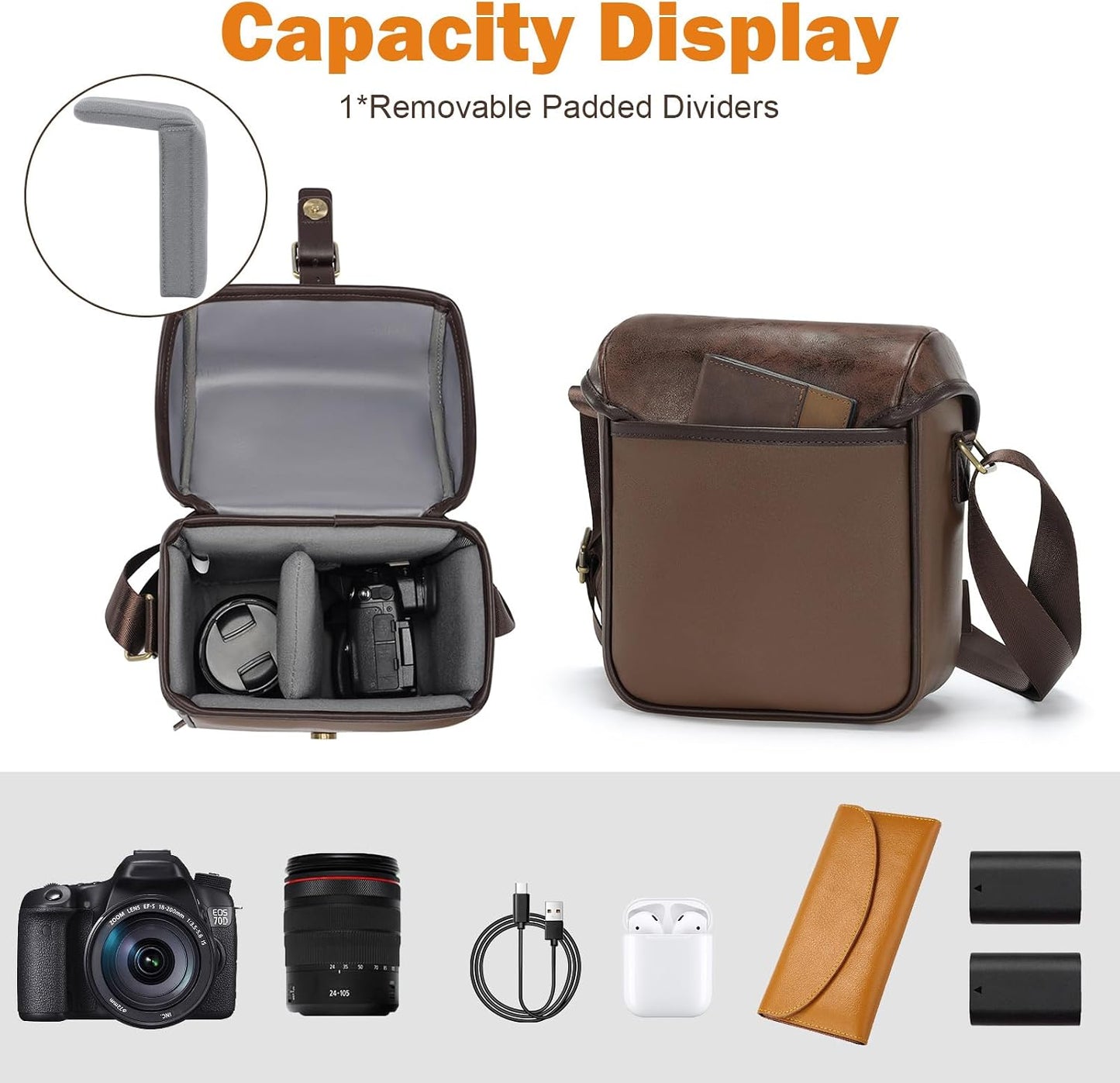 Cwatcun Camera Sling Bag PU Leather for PhotographersSmall Camera Bag Water-resistant Shockproof Case with Removable