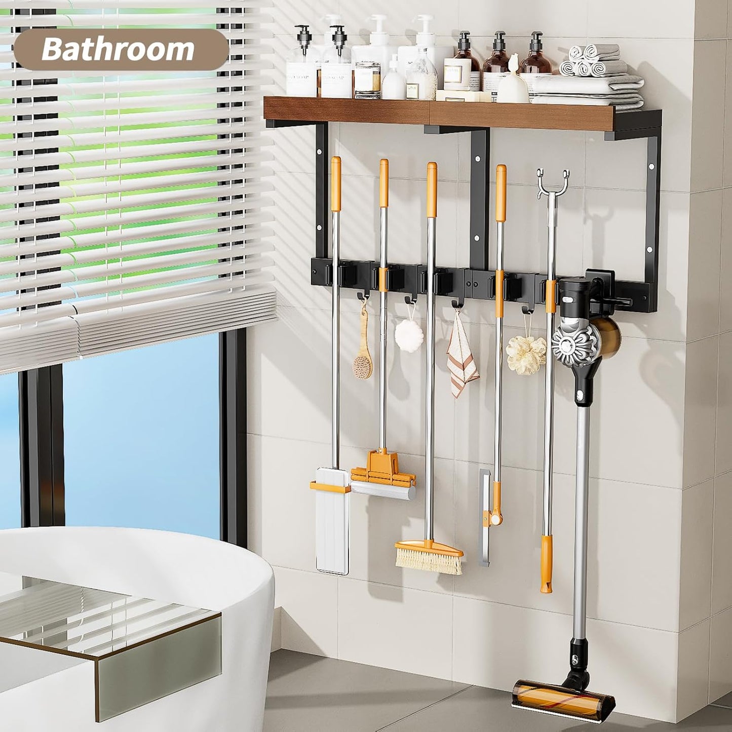 Skiennix Broom Holder Wall Mount - Versatile Cleaning Supplies Organizer with Mop Hanger & Gripper Hooks | Ideal for Home, Garage, Kitchen