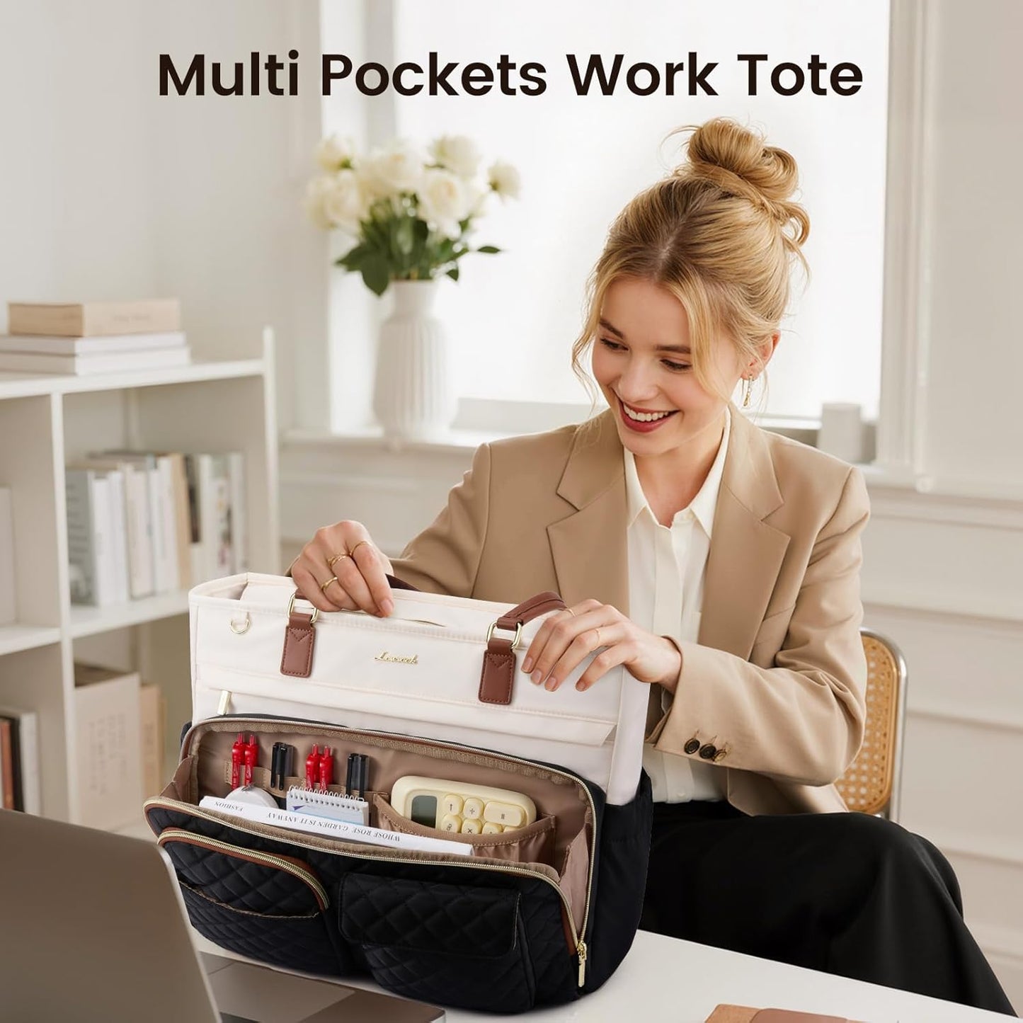 LOVEVOOK 15.6 Inch Tote Bag, Work Bags for Women with Large Cup Holder, Large Capacity Teacher Tote with Multi Pockets