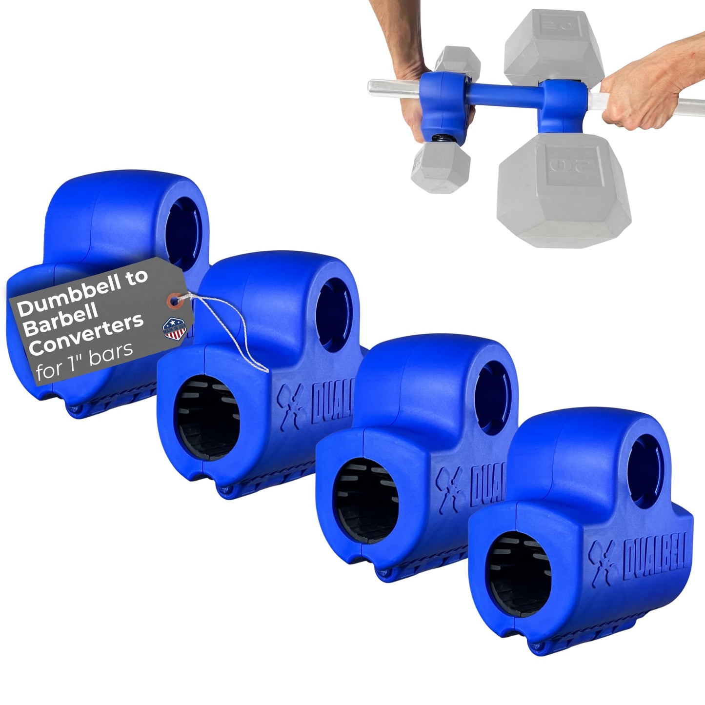 DUALBELL Dumbbell Converters- for 1" bars- hold up to 500lbs- Dumbbell to Barbell Adapters - Connect dumbbells to a 1" (25mm) standard diameter bar to use in place of weight plates, (Blue)