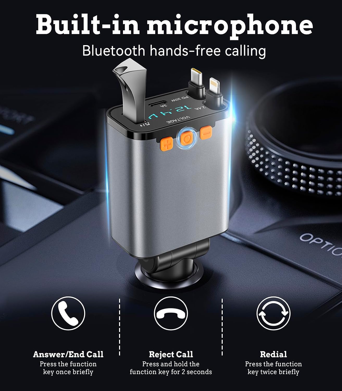 50W MP3 12V/24V PD Car Charger with Bluetooth FM, Retractable Type-C & Lightning Cables, Hands-Free Calling Kit, USB