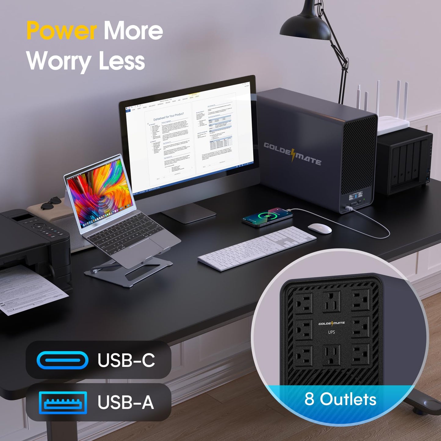 GOLDENMATE 1500VA/1200W Lithium UPS Battery Backup and Surge Protector, Backup Battery Power Supply with LiFePO4 Batteries(296Wh), AVR, Line Interactive Sinewave UPS System, 8 Ports, LCD Screen, Gray