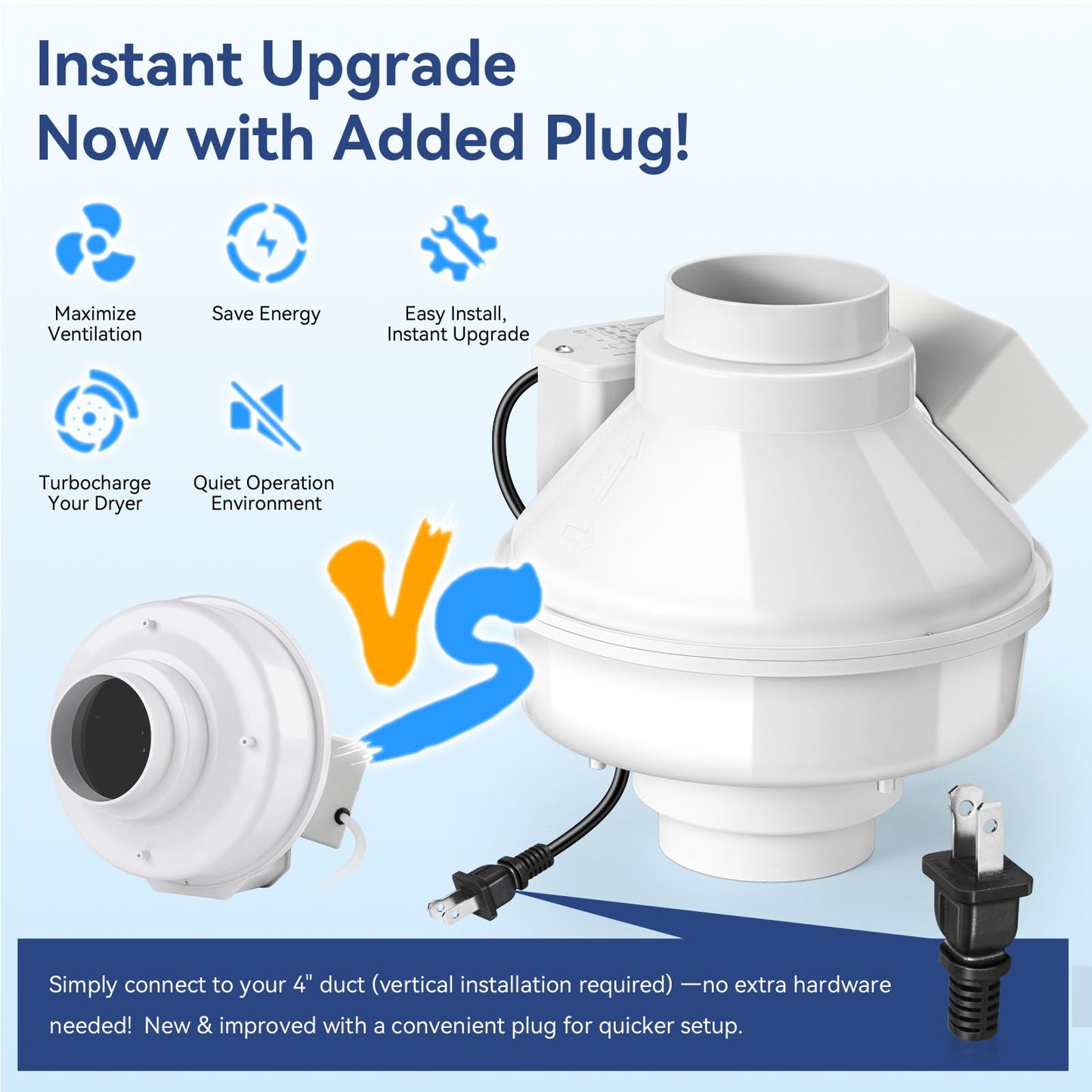 Dryer Booster Fan with Auto On/Off Pressure Sensor-4” DBF 110 Inline Dryer Vent Booster for Long Duct Runs for Indoor/Outdoor, Reduces Drying Time & Lint Buildup 167 CFM