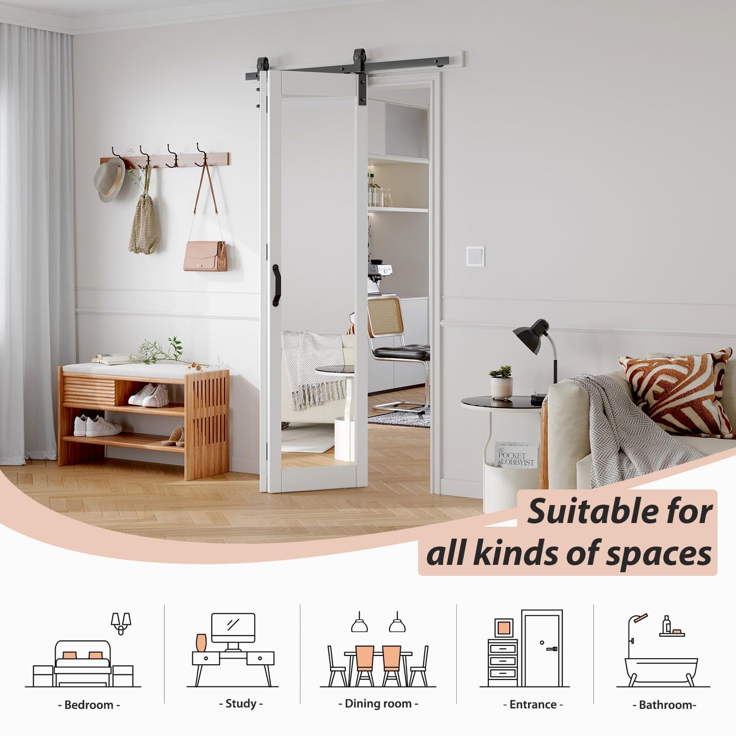FREDBECK Preassembled Bifold Barn Door 42x84 (Double 21x84) with 1 Lites Mirror,Bi-fold Closet Doors Hardware Kit Included,46" Track for 2 Doors, PVC, White,for Living Room, Bathrooms, Kicthen