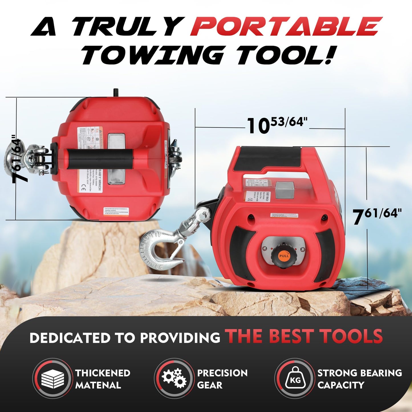 Lonsge Portable Drill Winch of 1000 Lbs, Red Handheld Drill Winch with 40 Foot Synthetic Rope, Rotate The Hook 360 Degrees, for Lifting & Dragging(Red)