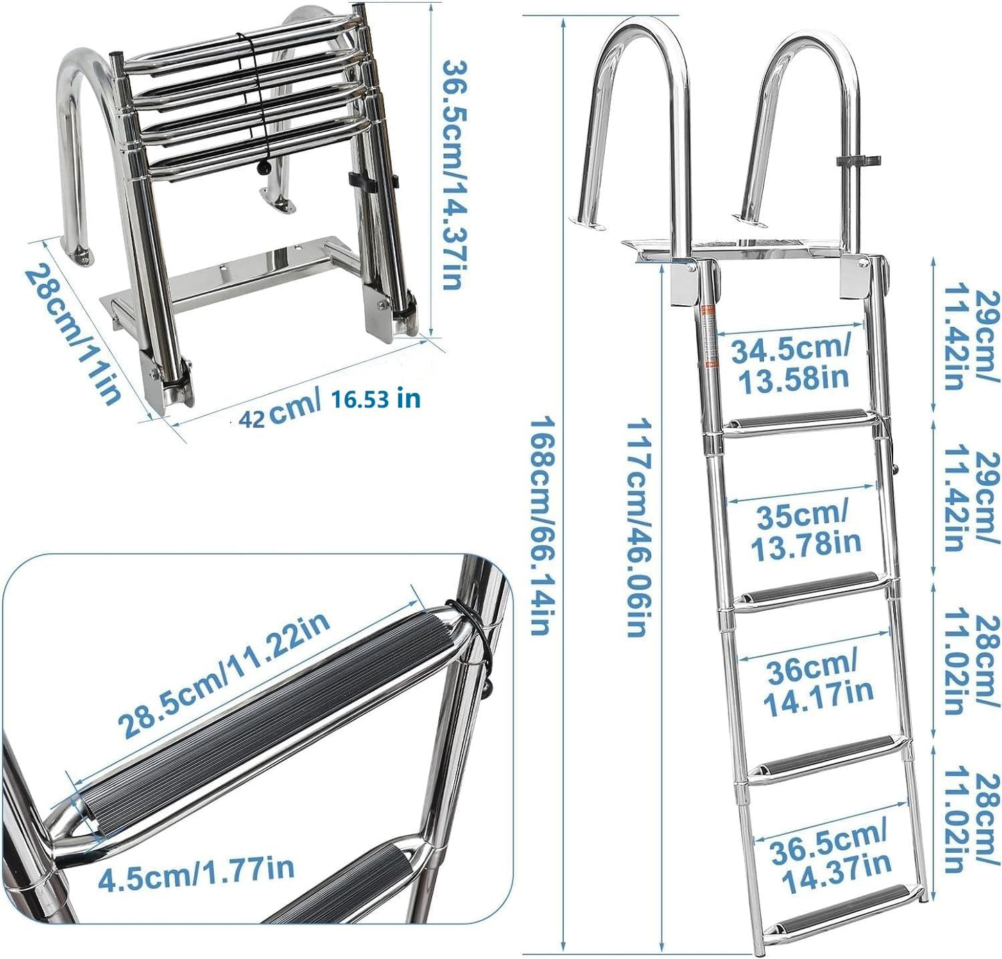Amarine Made Dock Ladder, 4 Step Pontoon Boat Ladders, Stainless Steel Telescoping Boat Ladder, Marine Folding Ladder with Handrails, Dock Steps for Boats, Load Capacity-440lb