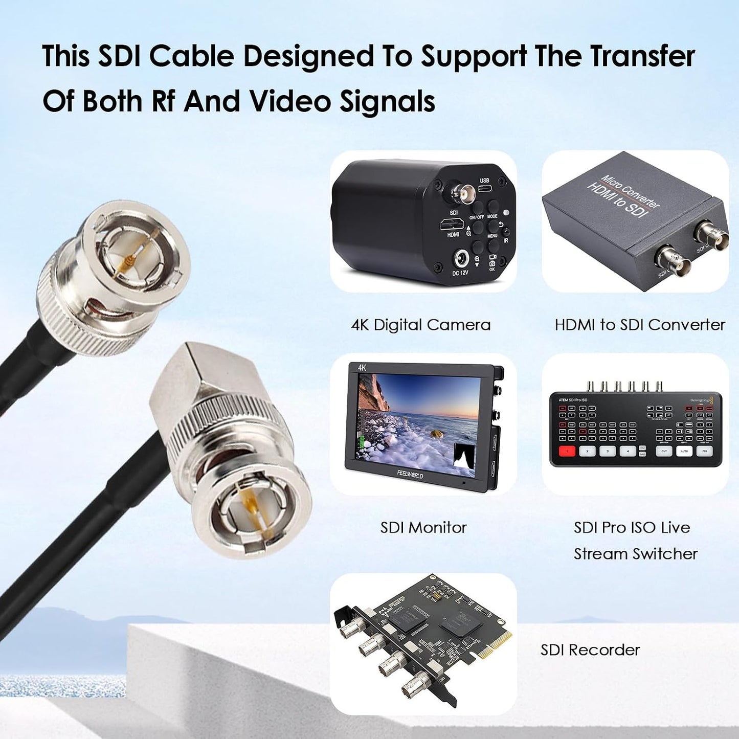 10FT, 75 RG179 3G/6G XRDS-RF SDI Cable Flexible BNC to BNC Right Angle Video Ohm Male Extension for HD Camera Monitor
