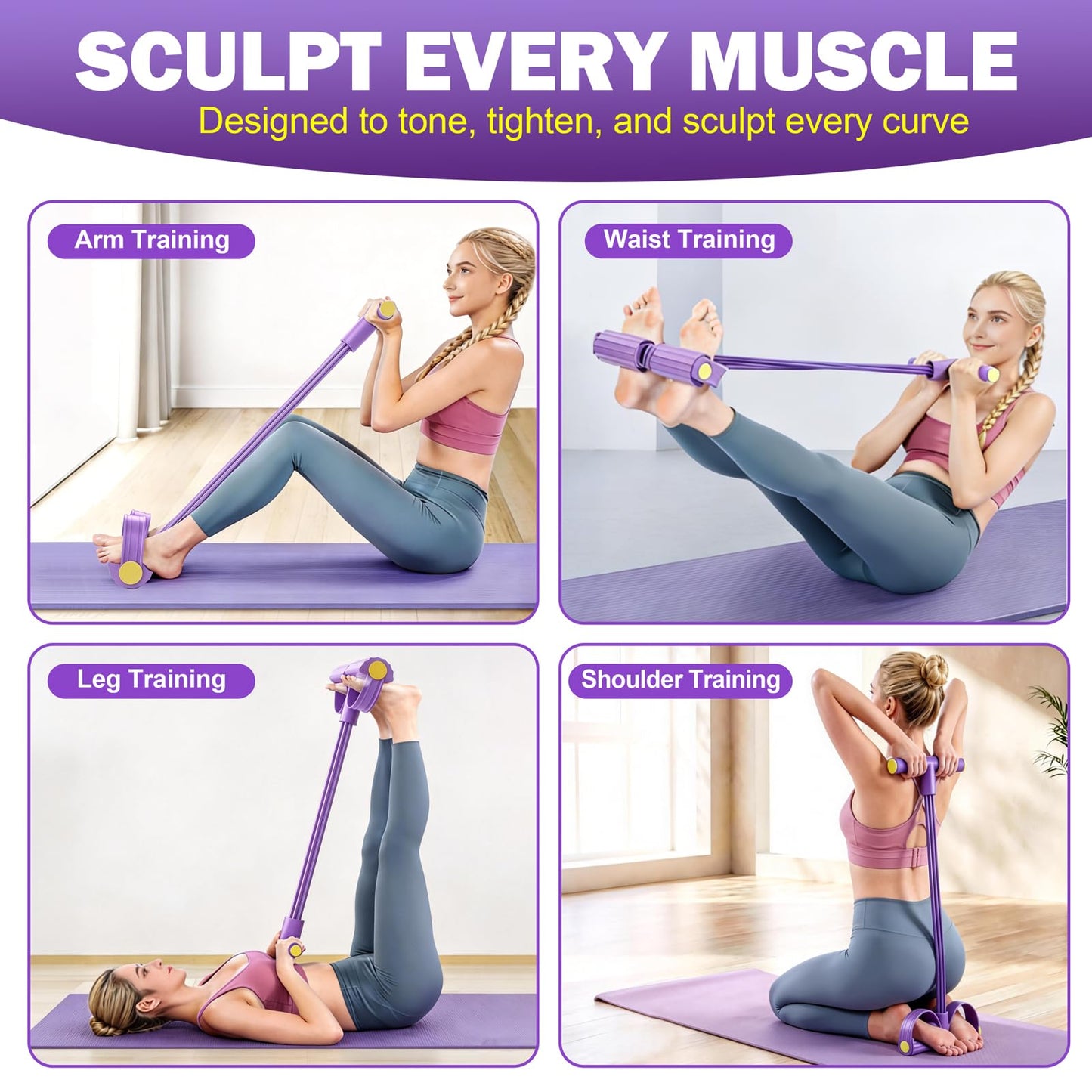 Wysperix Foot Pedal Resistance Bands with Handles, 6-Tube Multifunction Exercise Bands, Durable Home Gym Fitness Equipment for Women & Men to Tone Abs, Core, Legs, Arms, Waist (Purple)