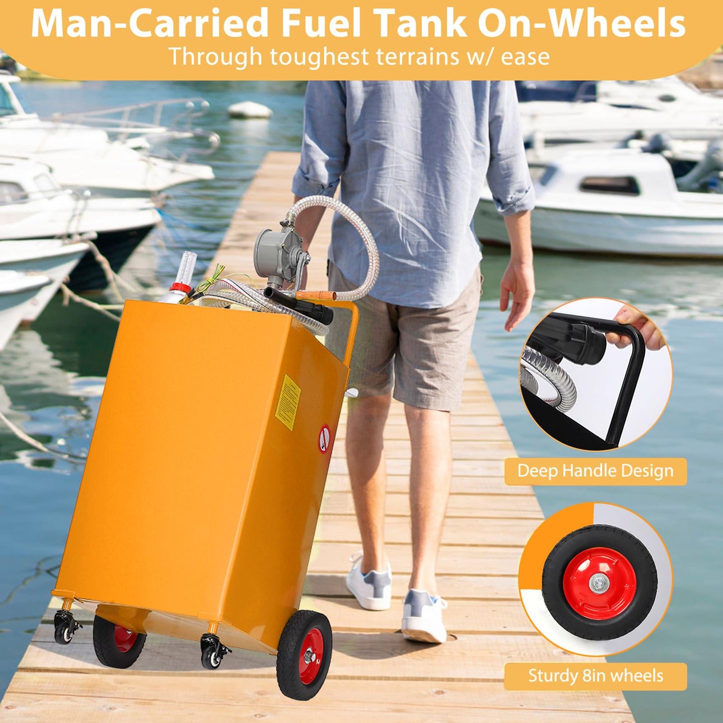 35 Gallon Portable Fuel Caddy with Manual Pump, Heavy Duty Mobile Fuel Transfer Tank On 4 Wheels, Gasoline & Diesel Storage Container for Trucks, Boats, ATVs, Lawn Mowers, Farm Equipment - Orange