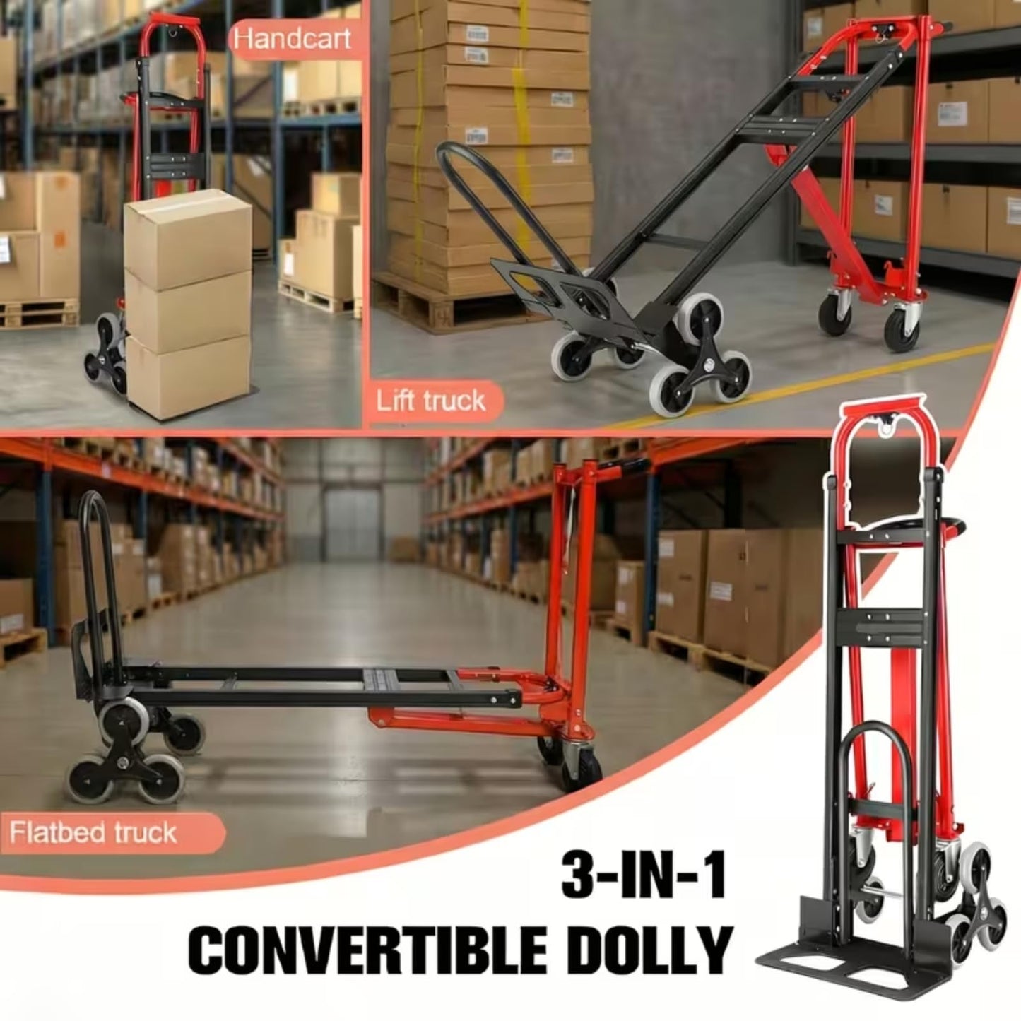 Heavy Duty Stair Climbing Hand Truck - 1000 LBS Capacity 4-in-1 Convertible Dolly Cart, Foldable Platform Utility Cart for Moving Boxes, Industrial Grade Steel Construction(red)