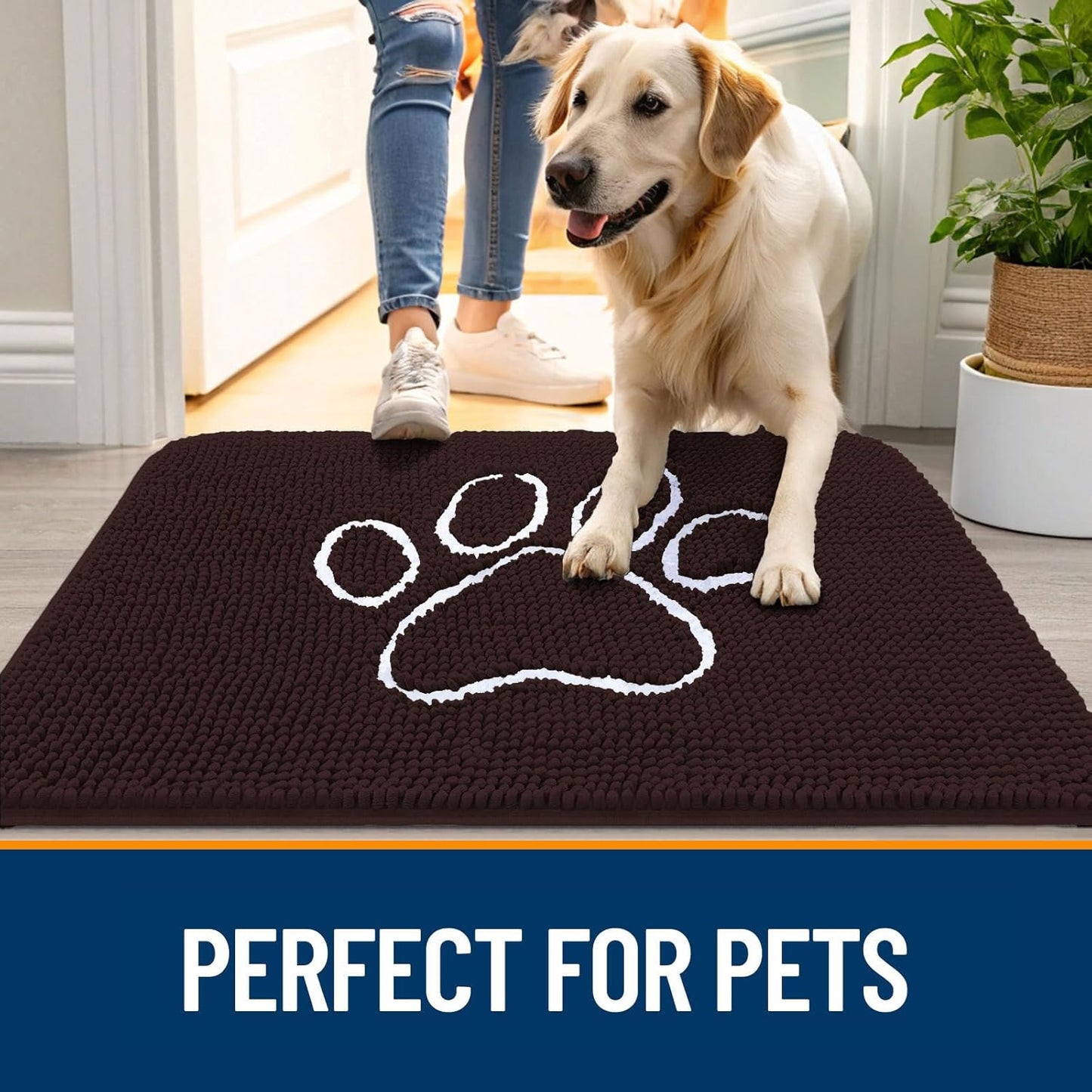 OLANLY Dog Door Mat - Absorbent Non-Slip Mud Mat for Muddy Paws | 70x32 Paw Print Design, Quick Dry Brown