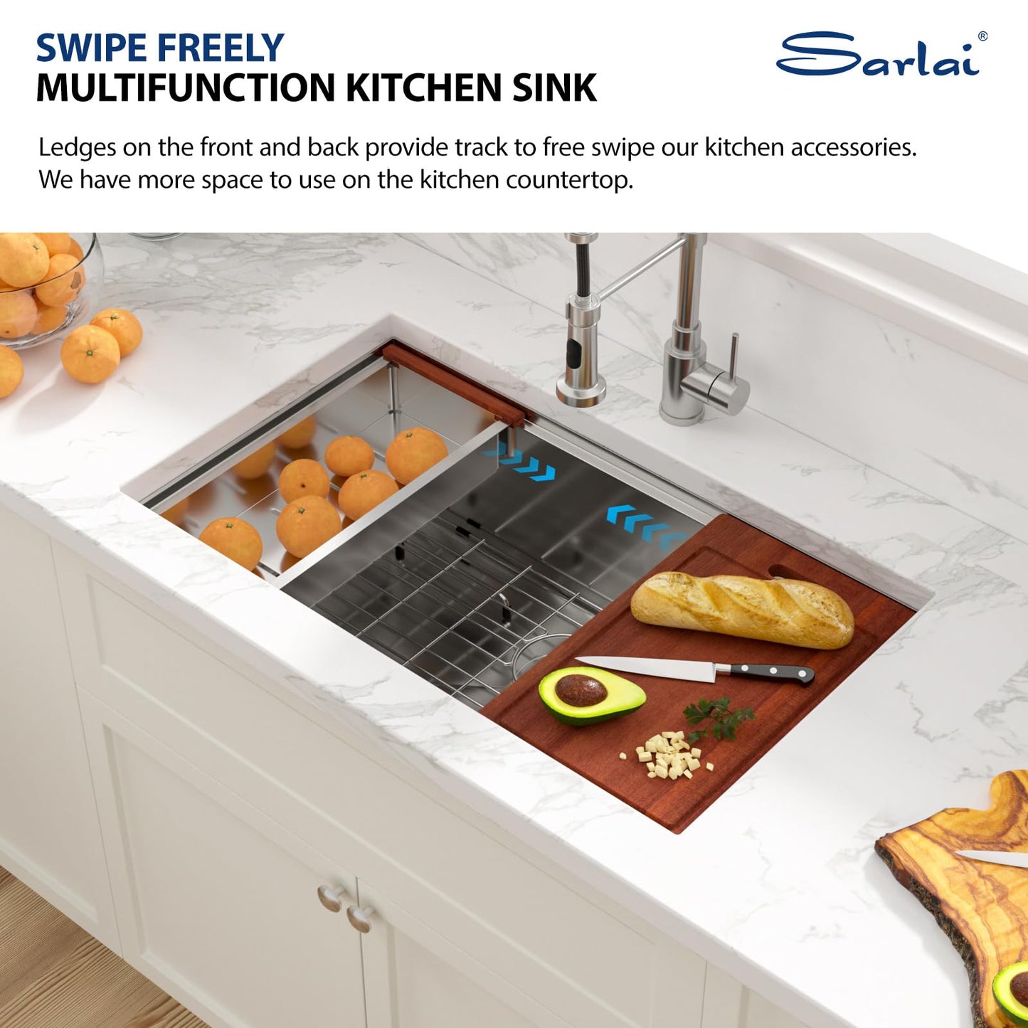 Sarlai 33 Kitchen Sink Undermount - 33 x 19 Inch Undermount Sink Ledge Workstation Deep Single Bowl 16 Gauge Stainless Steel Under Counter Kitchen Sinks Basin