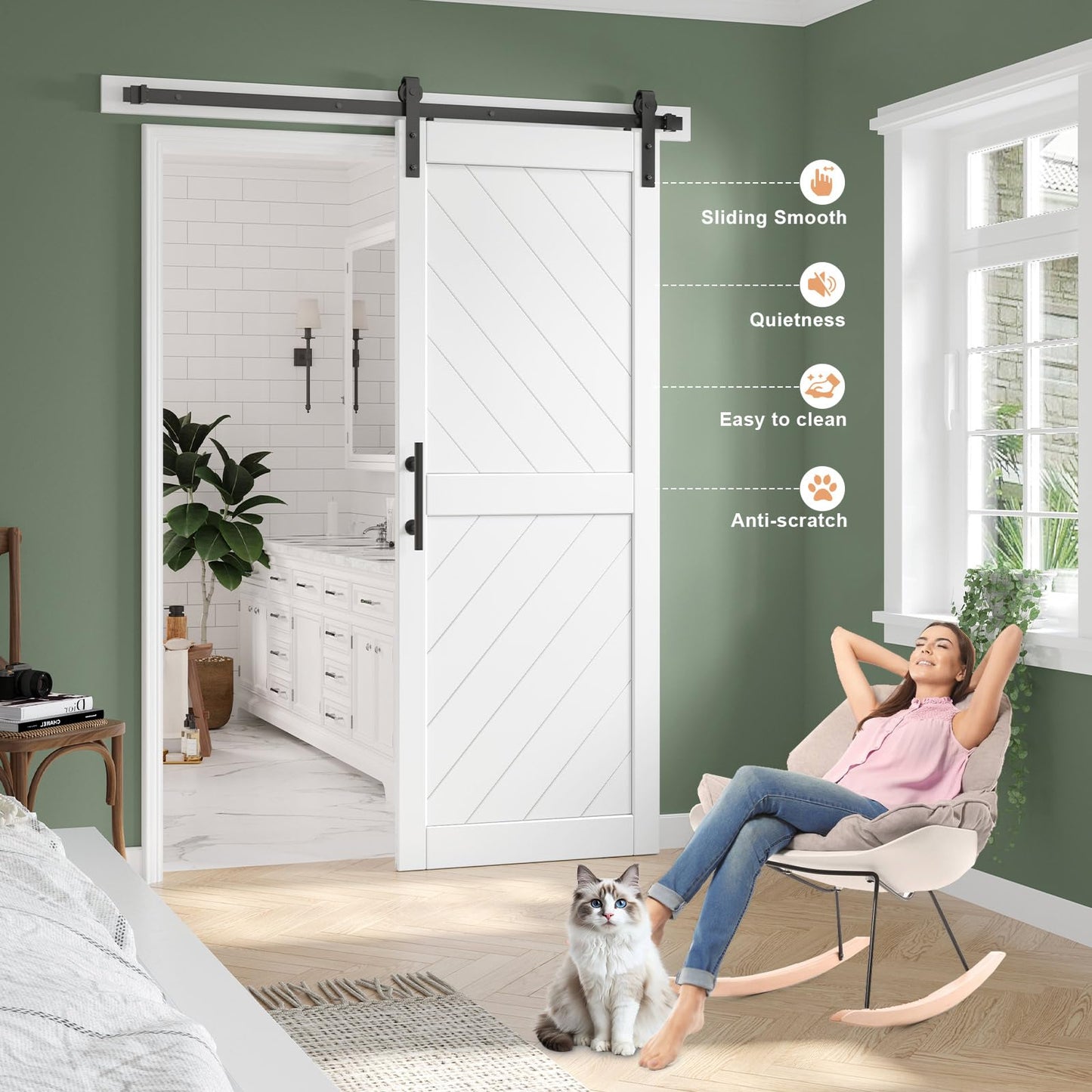 32in x 84in Sliding Barn Door with 5.5FT Barn Door Hardware kit & Handle Included, Solid MDF Wood Slab Covered with Water-Proof & Scratch-Resistant PVC Surface,Simple DIY Assembly,Chevron Pattern