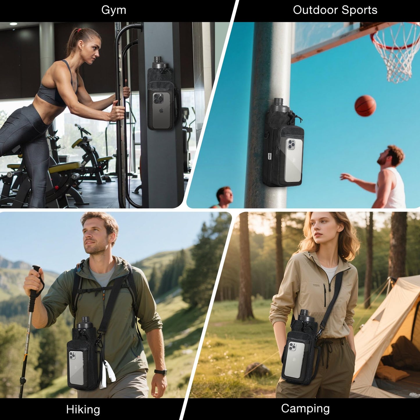 MoKo Magnetic Gym Bag, Magnetic Water Bottle Holder with Clear Phone Pouch, Built-in 4 Magnets Fitness Bag for Men and Women Compatible with Most Water Bottles, Gym Accessories Gifts, Black
