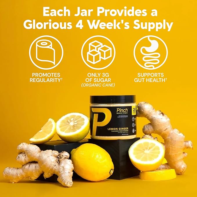 Pinch Magic Sugar Free Fiber Powder ??Light Lemon Ginger Psyllium Husk with Bromelain & Vitamins C & D ??Vegan, Gluten-Free, Clean Label, USA-Made, GMP-Certified ??28-Day Supply