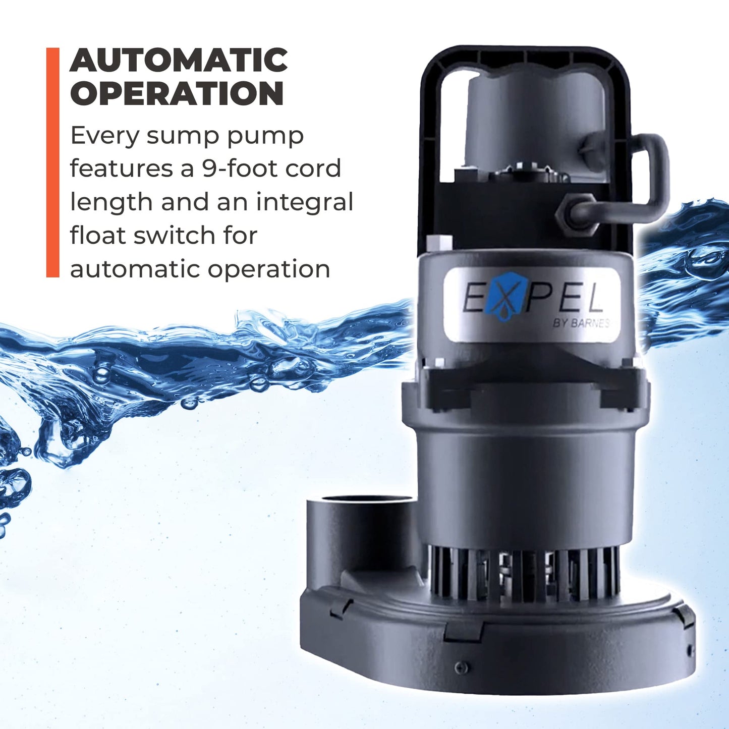Barnes 130234A Model ESB33 Expel Submersible Sump Pump - High-Efficiency for Residential Use, Cast Iron Vortex Impeller, 1/3 HP, 45GPM, Integral Float Switch, 9-Foot Waterproof Cord, Black