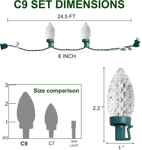 C9 Christmas Lights - 50 LED Faceted String Lights | 24.5 FT Connectable Indoor/Outdoor, Cool White