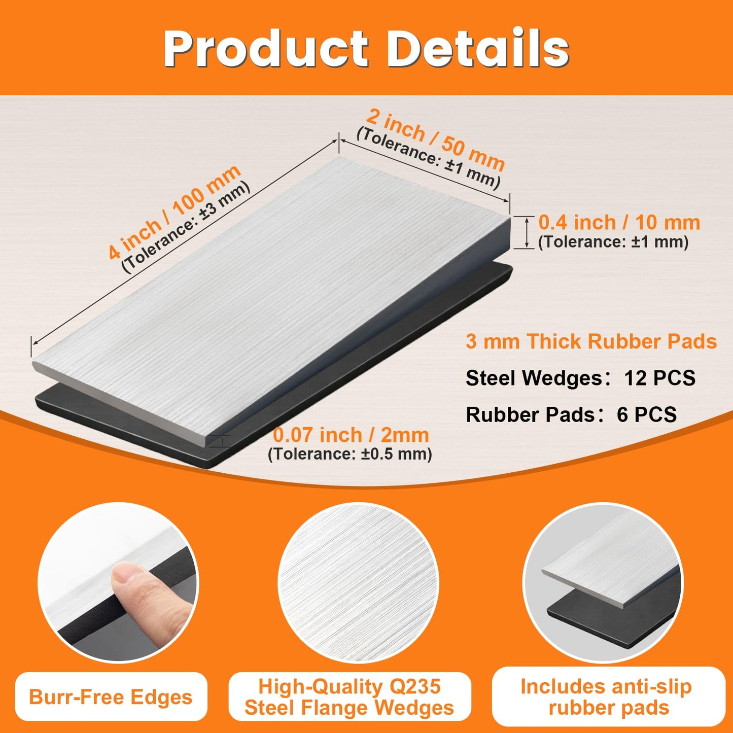12 PCS Metal Shims for Leveling, 4" x 2" Metal Wedges, Q235 Steel Wedges Shims with Anti-Slip Rubber Pads for Industrial or Home Machinery Alignment & Welding