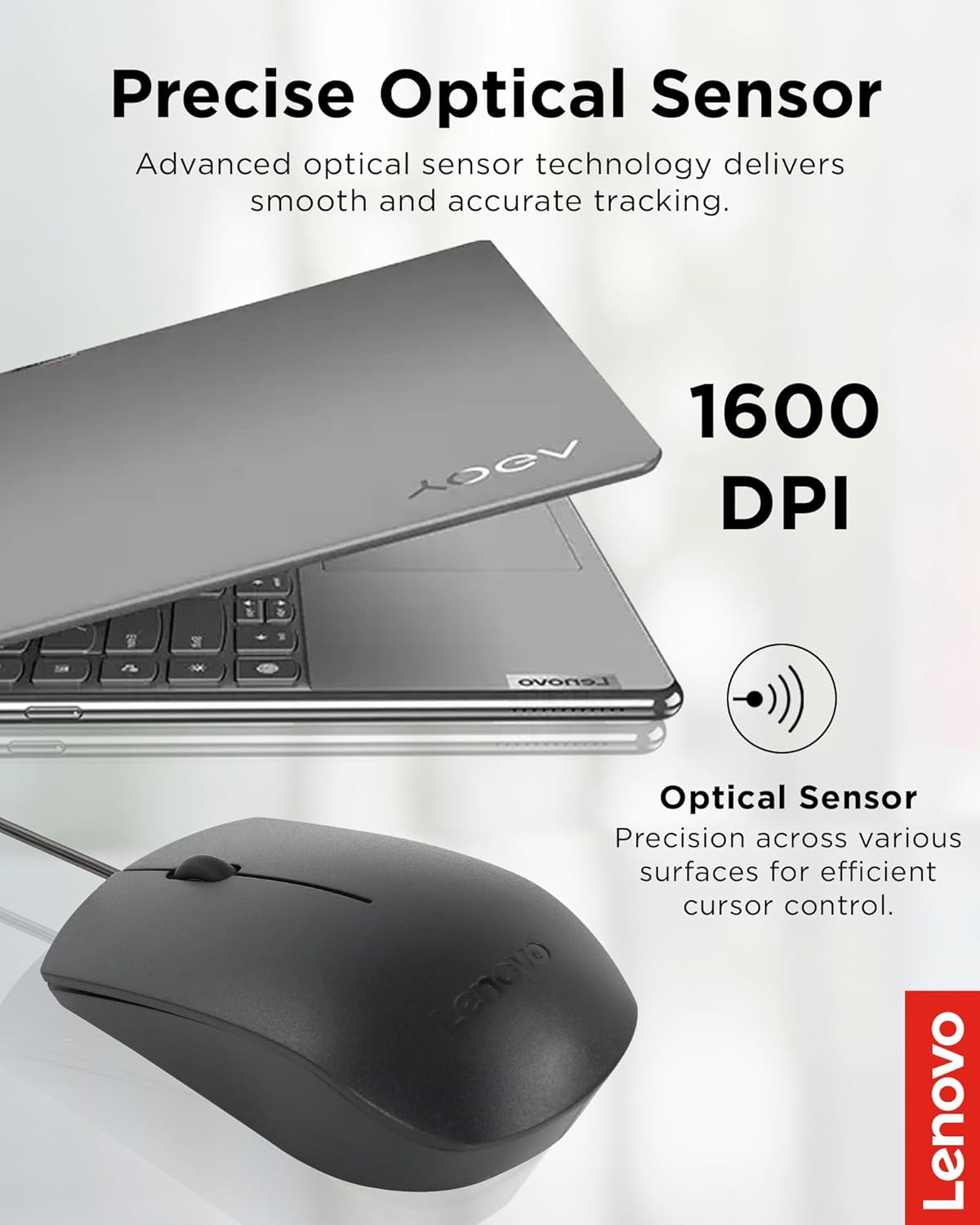 Lenovo USB-C Wired Mouse, Full Size, Ambidextrous Design, Black, Ergonomic Shape, Precision Sensor, Plug-and-Play