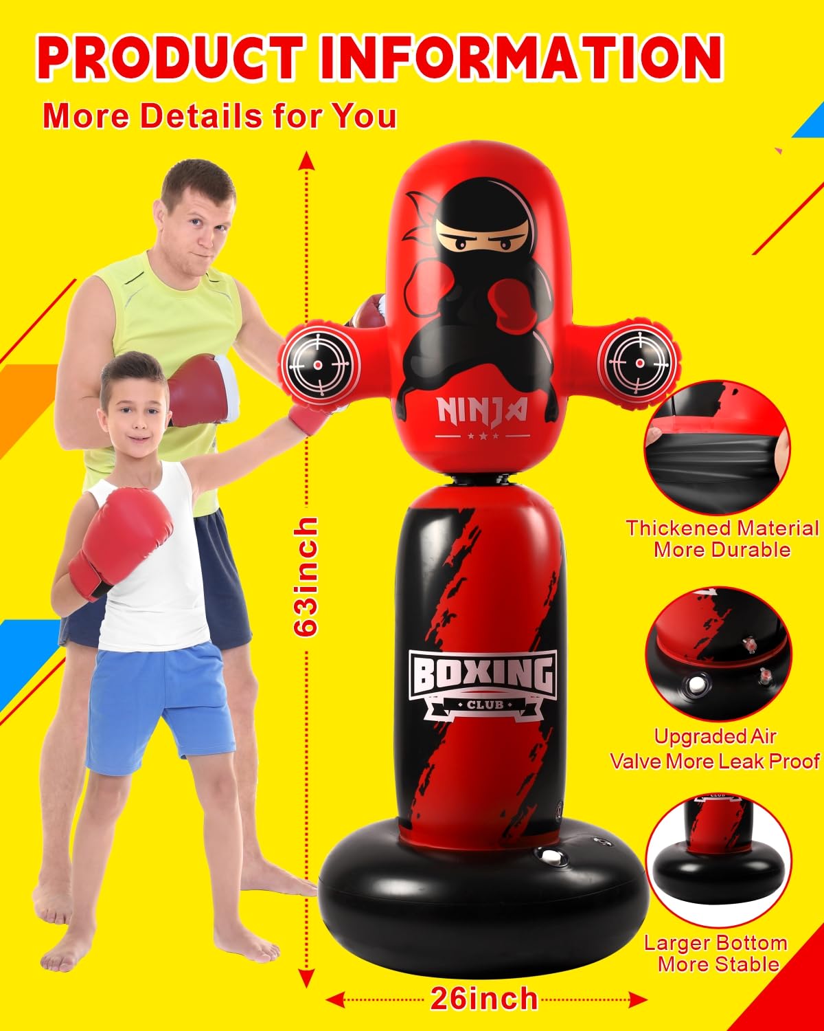 VCOLAN Punching Bag for Kids,63inch Kid Punching Bag,New Upgraded 360°Rotating Inflatable Boxing Bag Ninja Toy Christmas Birthday Gift for Boys Age 3-12