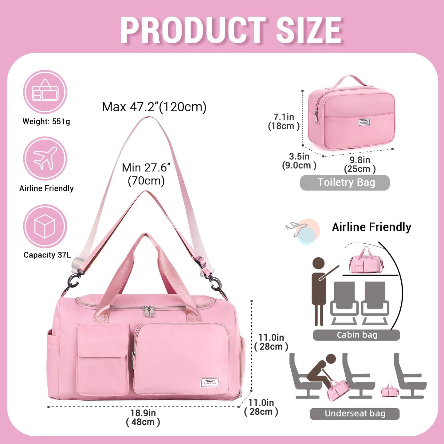 FIORETTO Women's Gym Duffle Bag with Shoes Compartment, 30L Capacity, Ideal for Travel, Gym, Sports, Duffel, Weekender, with Toiletry Bag, Pink
