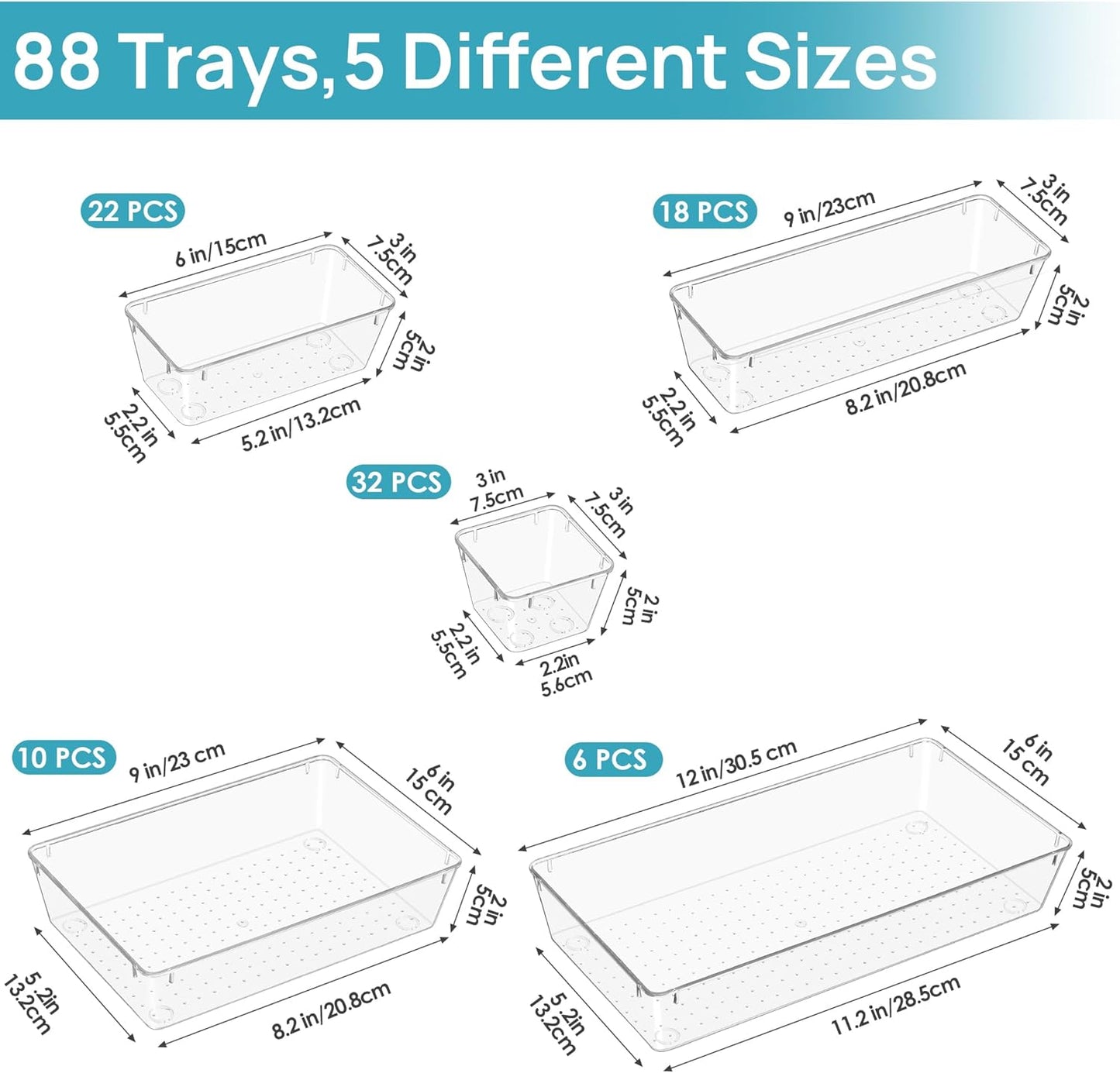 Vtopmart 88PCS Clear Plastic Drawer Organizers - Versatile Storage Bins for Makeup, Kitchen & Office