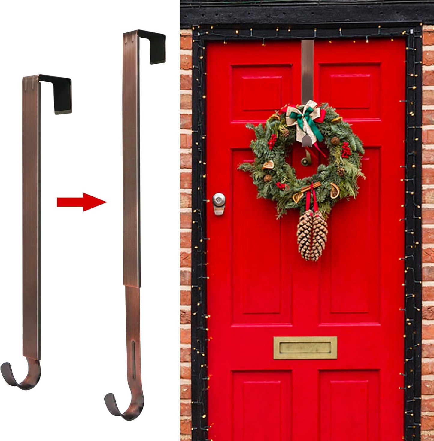 ZMCINER Wreath Hanger - Adjustable 15 to 25 Inch Hook for Front Door | Supports 20 lbs - Bronze Finish