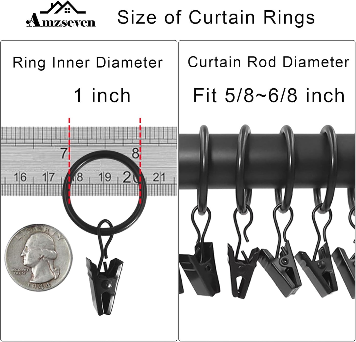 Skiennix 44 Pack Metal Curtain Rings - Durable Drapery Clips with 1-Inch Inner Diameter, Black