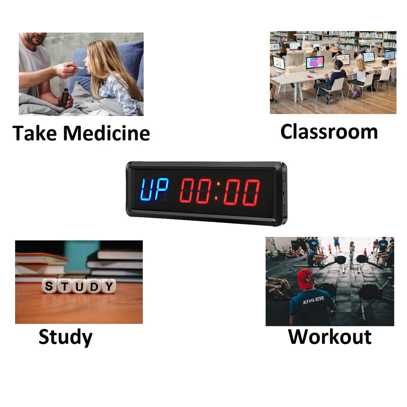 Ledbrigym Gym Timer Clock Digital Interval Tabata Workouts Fitness Wall Small with Remote Home Garage Office Jujitsu School Referee Studio Church Service (Two Blue+Four Red 1.5")