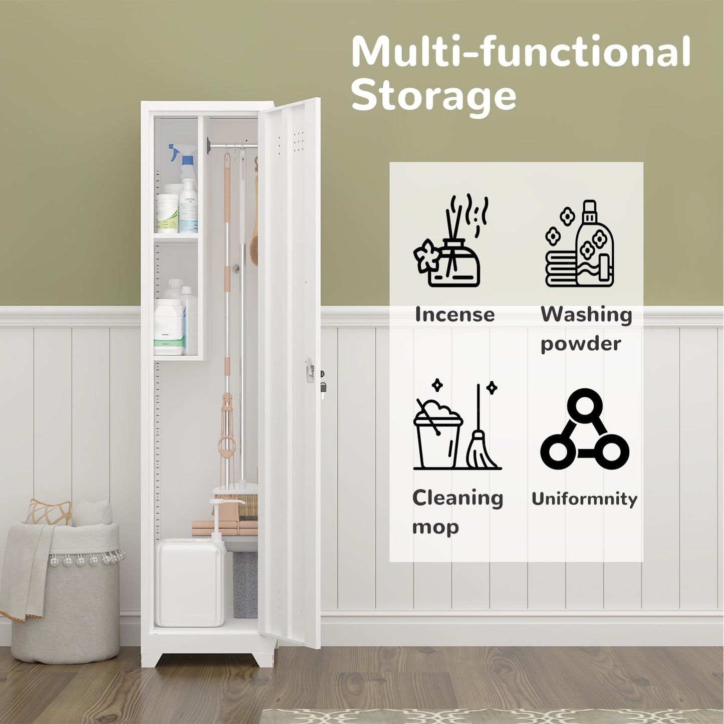 GEDELITE Metal Garage Storage Cabinet,Broom Closet Storage Cabinet,Utility Closet Cabinet for Broom,Garage,Kichen,White