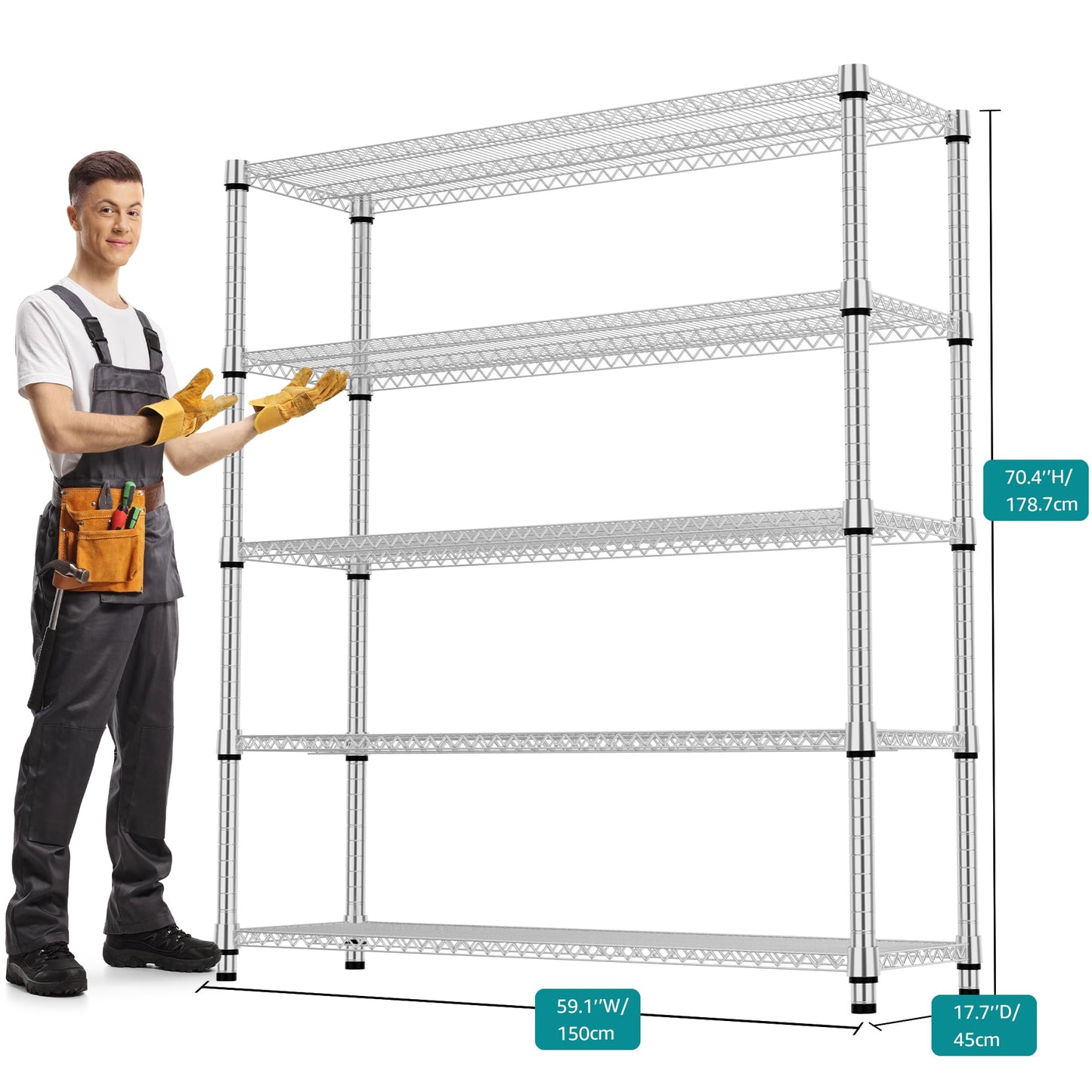M MZG 5 Tiers Shelf 3300 lbs Steel Storage Shelving Utility Shelving Unit Steel Organizer Wire Rack for Home,Kitchen,Office,Garage Chrome 17.7" D x 47.2" W x 70.3" H