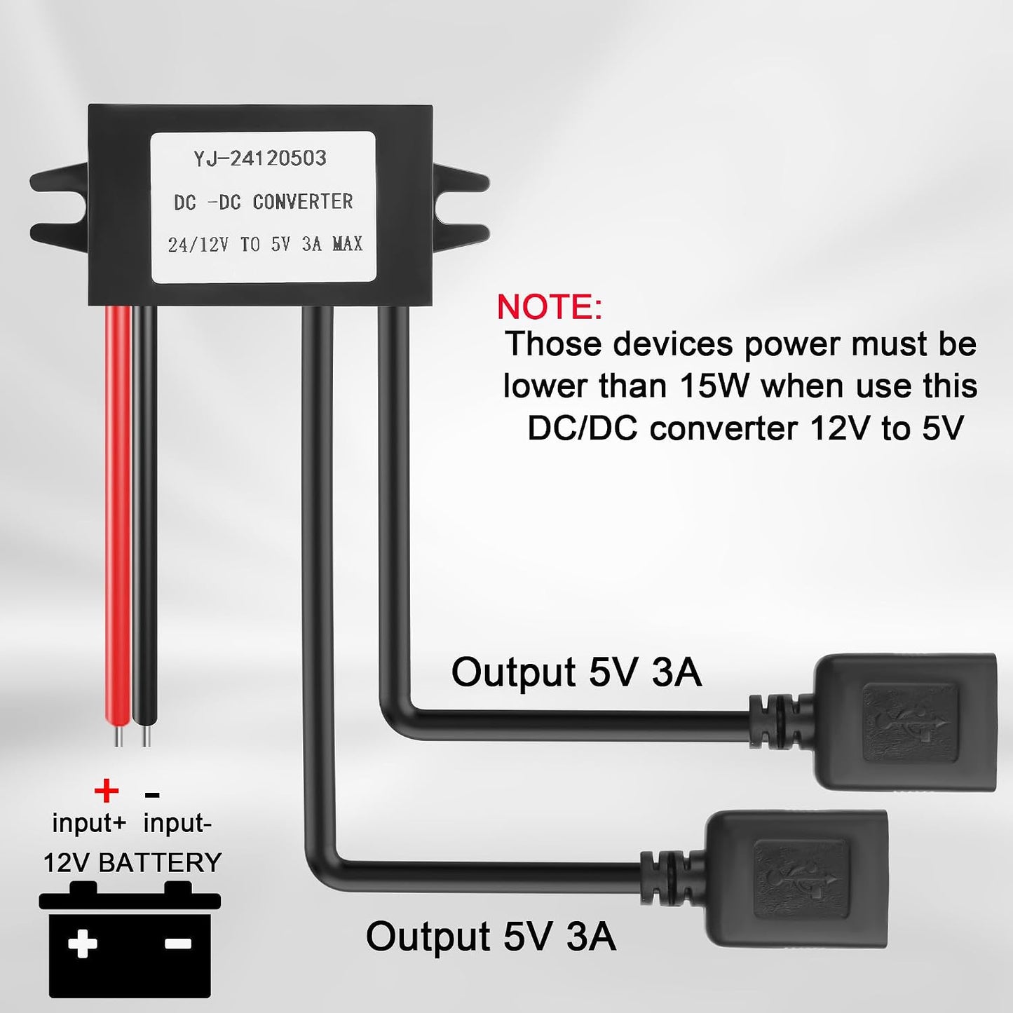 JSADZKJ 12V 24V 5V 3A 15W DIY30cm/1ft(Double DC to Dual USB Female Power Converter,DC-D C Step Down Power