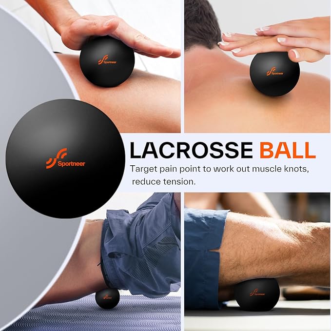 Sportneer 4 in 1 Foam Roller Set: Dual Textures Foam Roller, Foot Roller, Lacrosse Ball, Traction Massage Ball with String, Deep Massage Roller for Whole Body Release, Physical Therapy