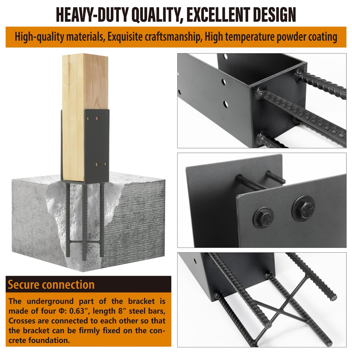 Wocepu 8 Pack Heavy Duty Stainless Steels U-Shape 4"x4"(Actual 3.5"x3.5") Wet Concrete Fence Post Holder, Psot Base, for Fence, Deck Railing, Pergola Wood Post Bracket Anchor (Dark Grey)