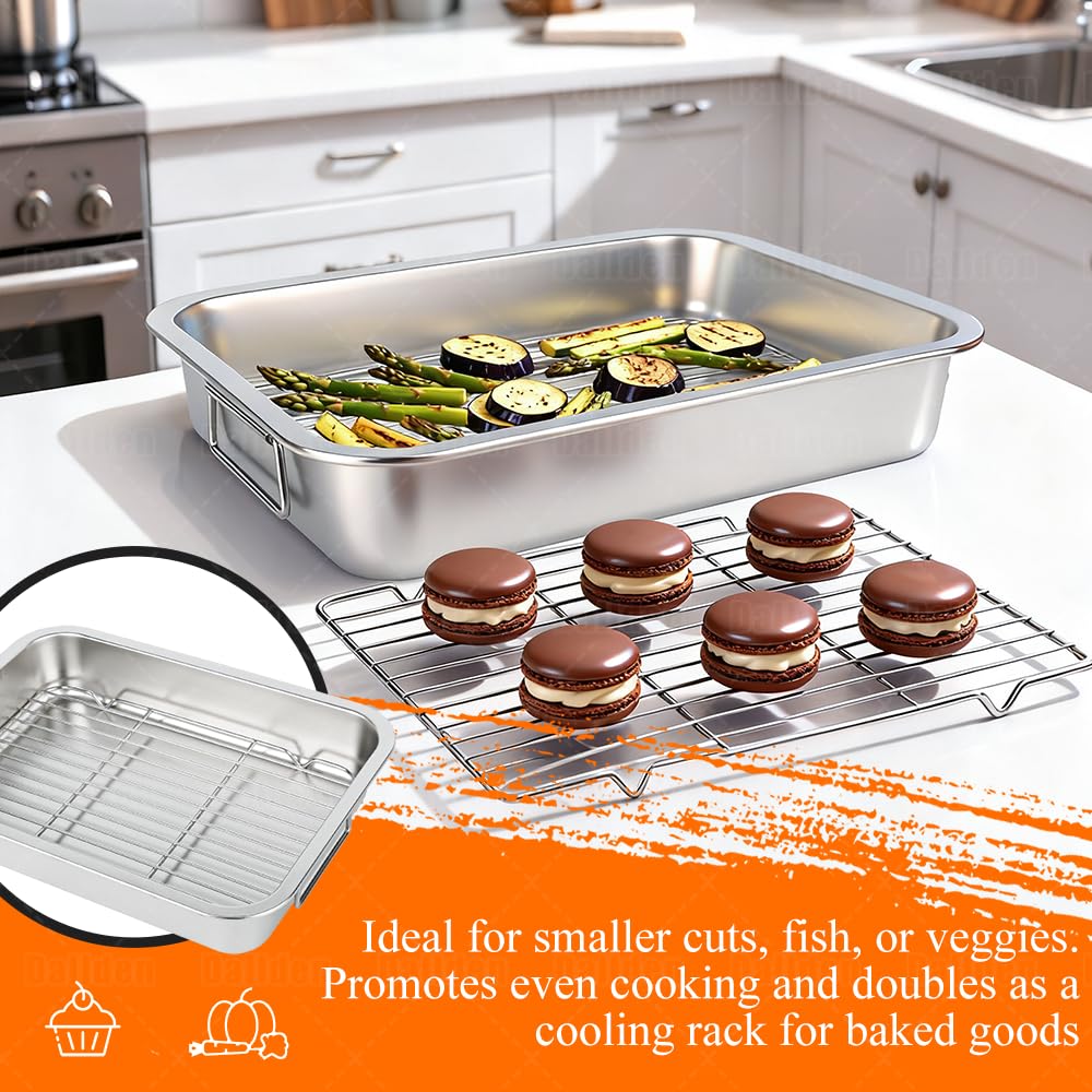 Roasting Pan Kit 15.5x11.5 Inch, Stainless Steel Turkey Roaster Baking Pan for Ovens-Heavy Duty Turkey Roaster V Rack & Cooling Rack, Deep Broiling Pan for Thanksgiving Christmas,Dishwasher Safe