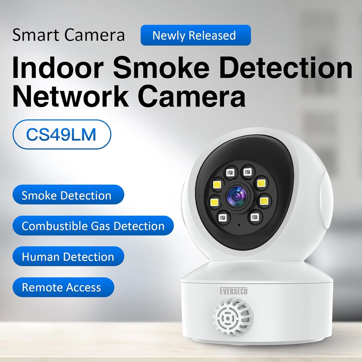 EVERSECU 2 Smoke & Gas Detection Home Security Camera with Sound Alarm & Real Time Alert, Humanoid Auto Tracking, Way