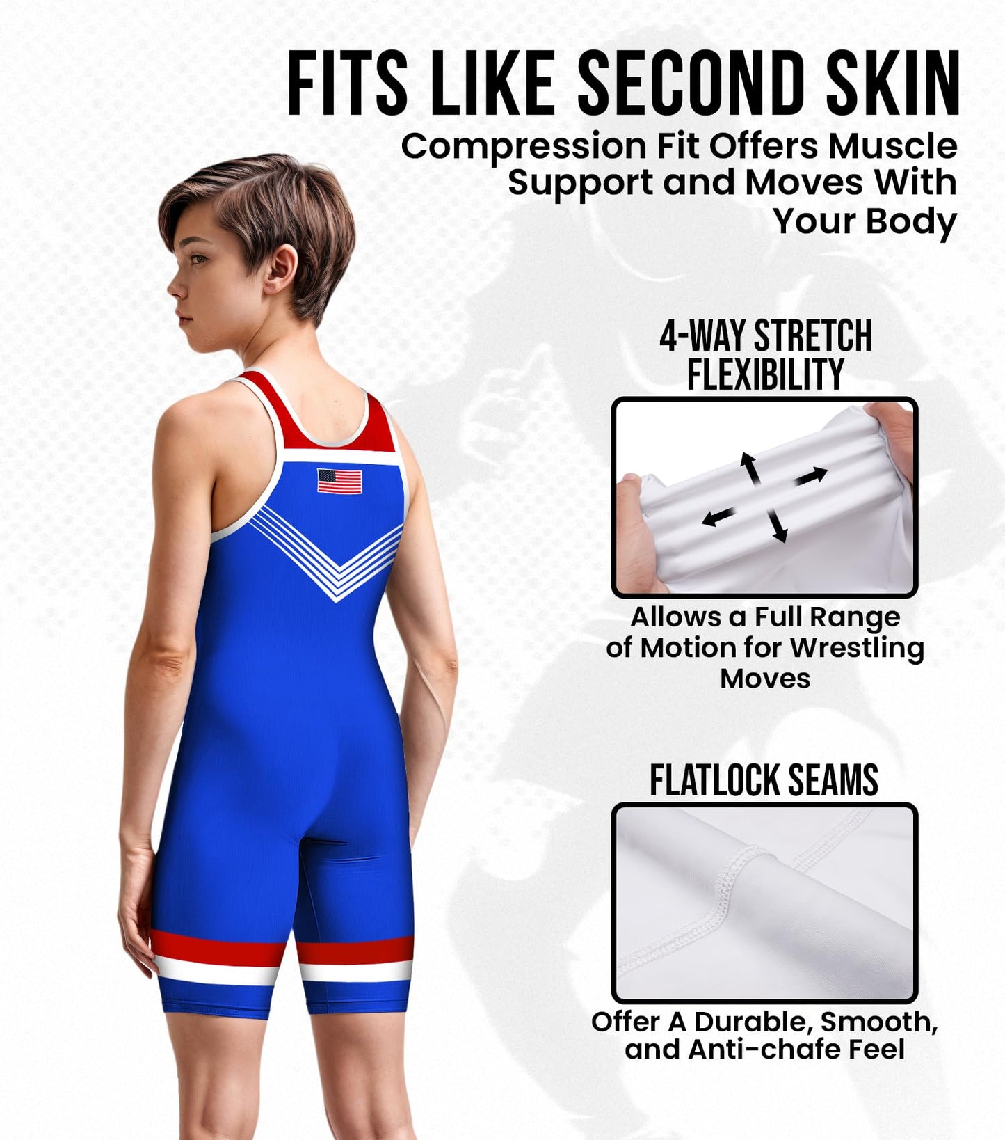 Exxact Sports Sublimated Youth Wrestling Singlet For Boys, Premium Powerlifting Singlet, Kids Wrestling Singlets For Training (YL, Royal Blue USA)