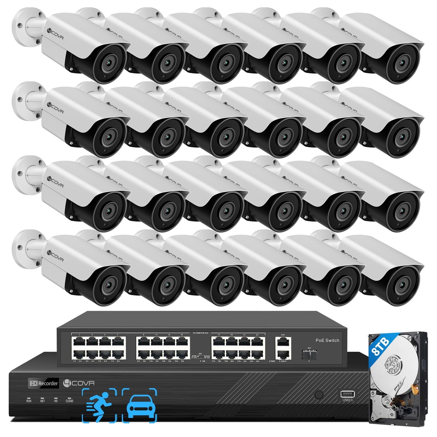 4COVR PoE 32 Channel Security Camera System, AI Human/Vehicle Detection, H.265 UHD NVR 8TB HDD, 24Pcs 5MP Commercial Bullet IP Camera IP67 Night Vision, Business Surveillance Outdoor, LY37EX5M3224