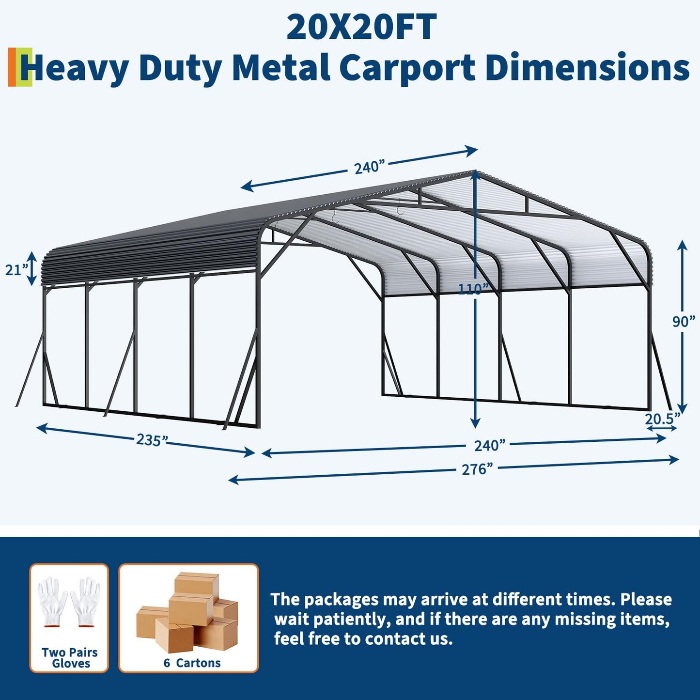 PeakPursuit Metal Carport, 20x20 FT Outdoor Car Port Canopy with Galvanized Steel Roof and Reinforced Base, Heavy Duty Garage Car Shelter Shade for SUV, Truck, Boats